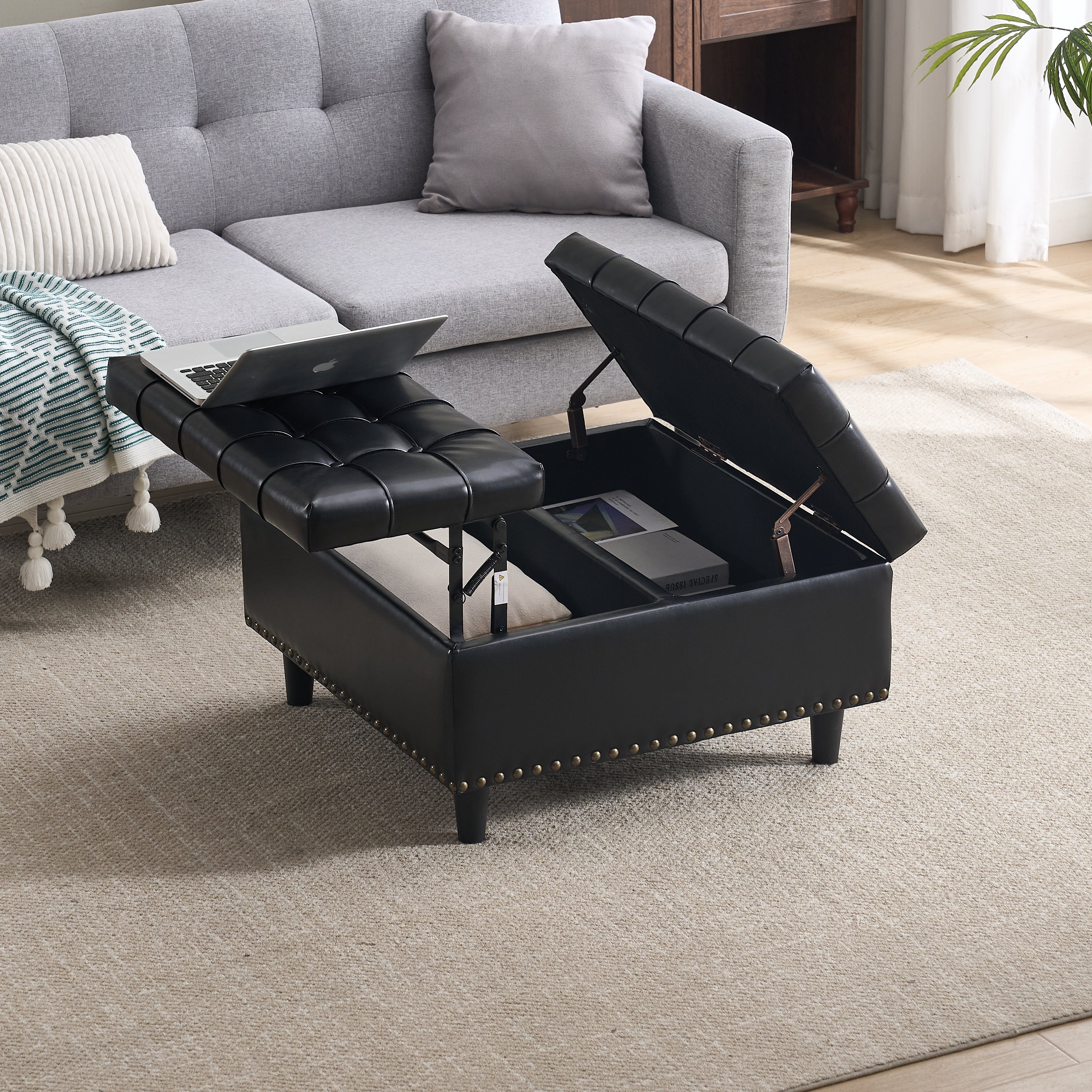 Storage Chair, Large Square Liftable Bench with Space, Black PU