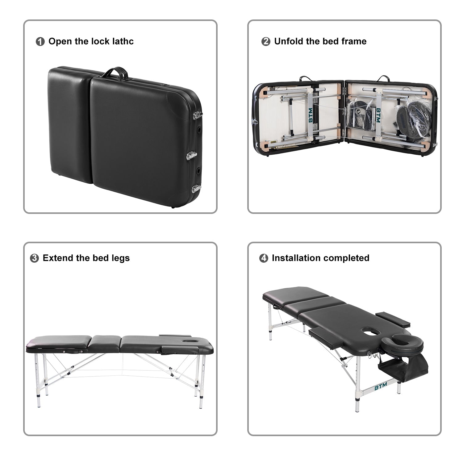 Massage Table Couch Bed Portable Folded 3 Section with Premium PU Leather and 5 cm High Density Multi-Layer Foam, Headrest, Arm Support and Carrying Bag Black