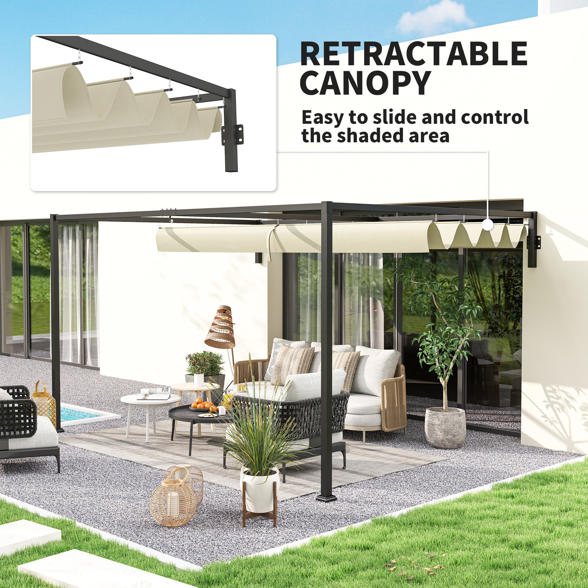 3 x 4m Pergola Retractable Canopy Steel, Khaki
