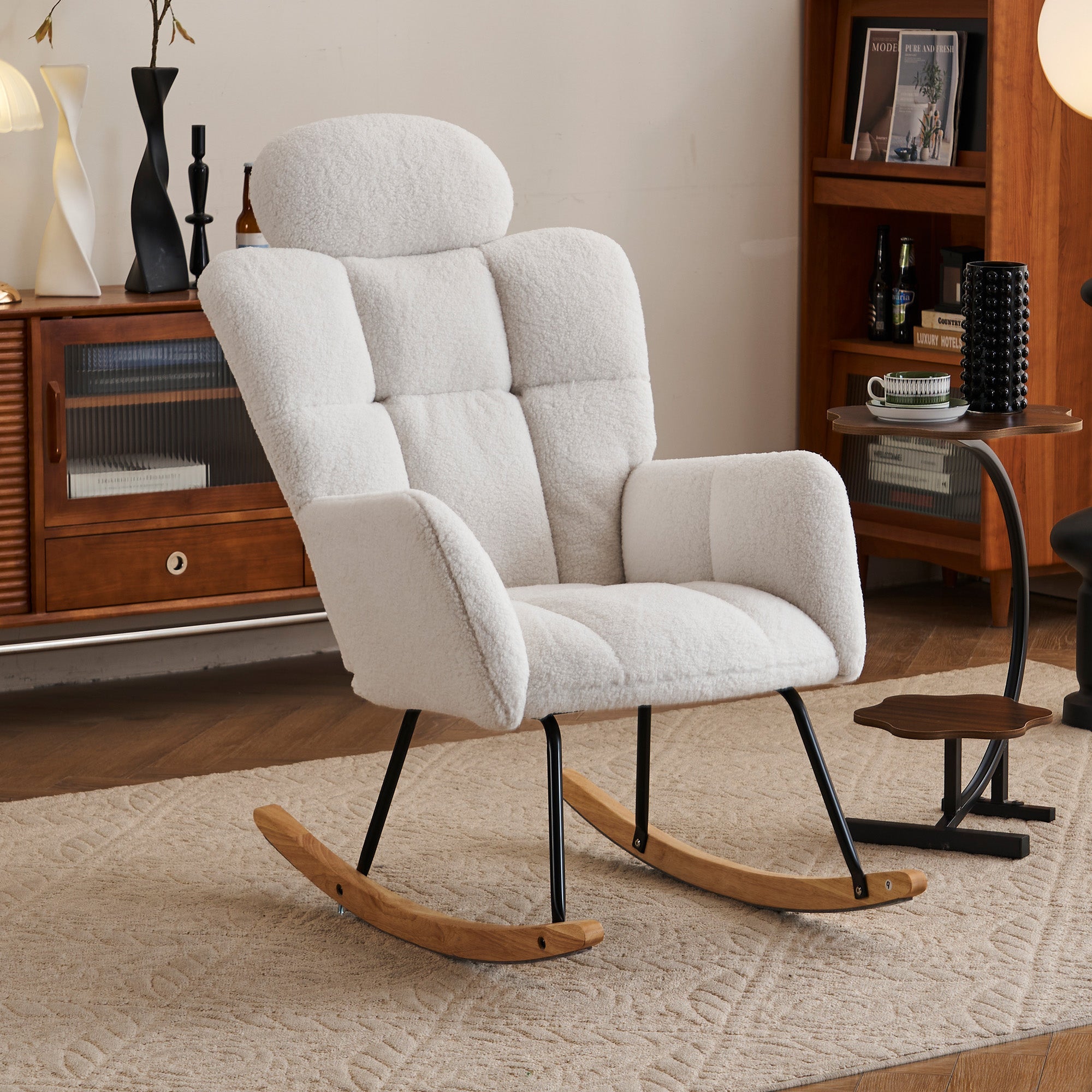 055 Rocking Chair, Tufted Upholstered Seat, White