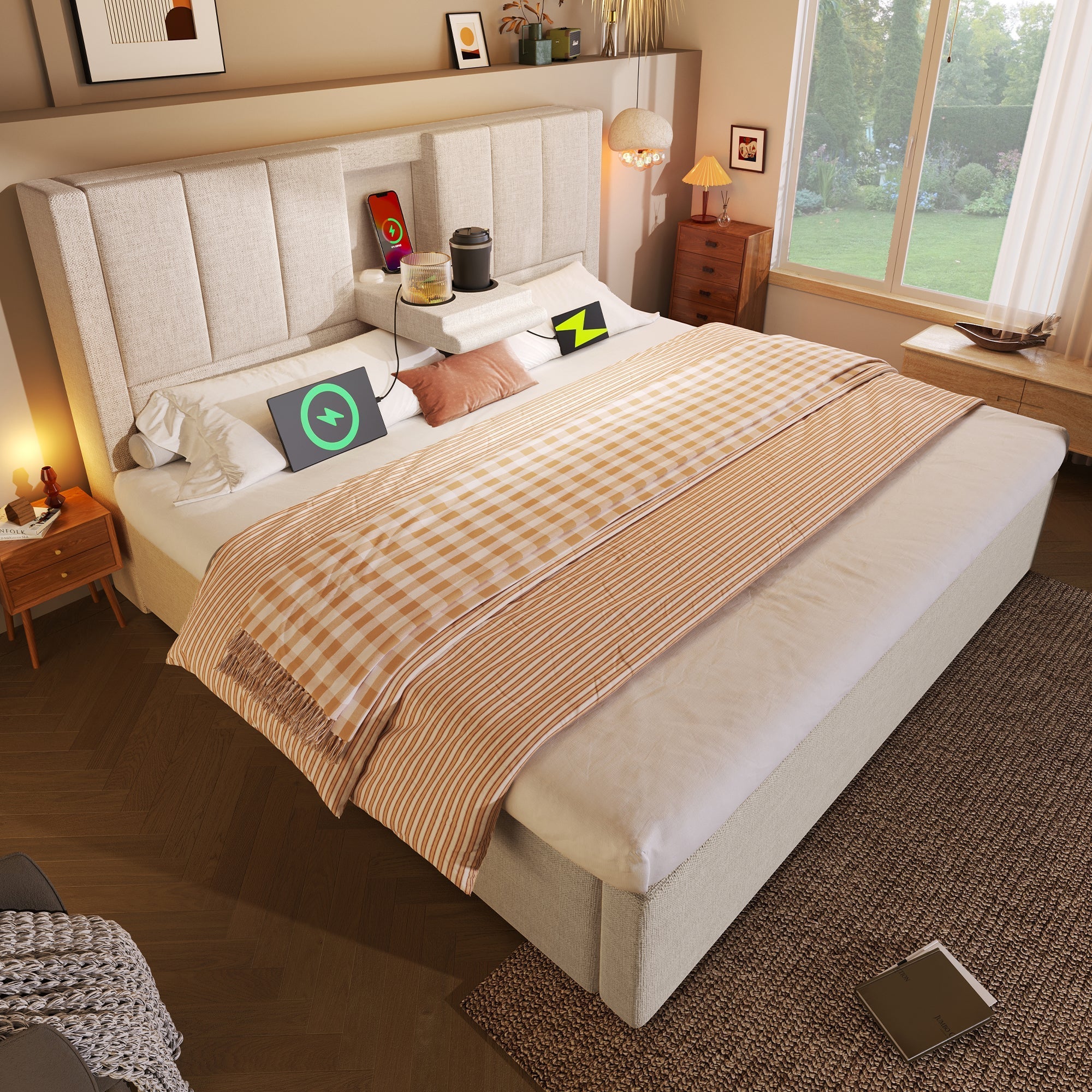 Upholstered Double Bed 160x200cm Hydraulic Storage Cup Holder Charging Station - Linen Beige