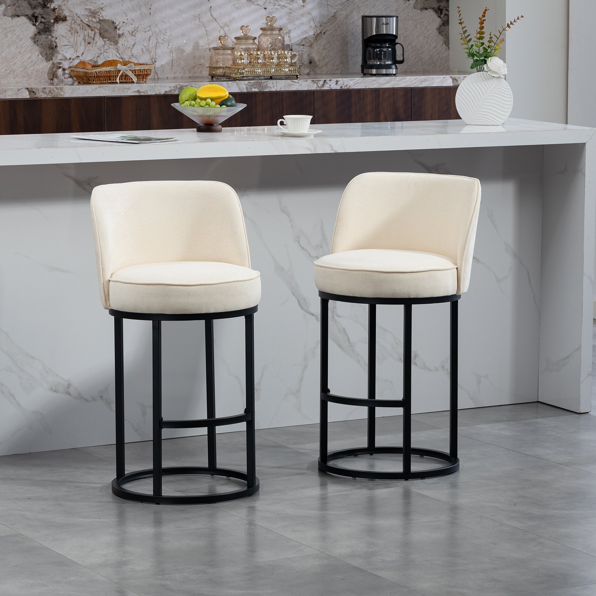 Modern Bar Stools with Ergonomic Backrest and Metal Legs, Set of 2, Linen