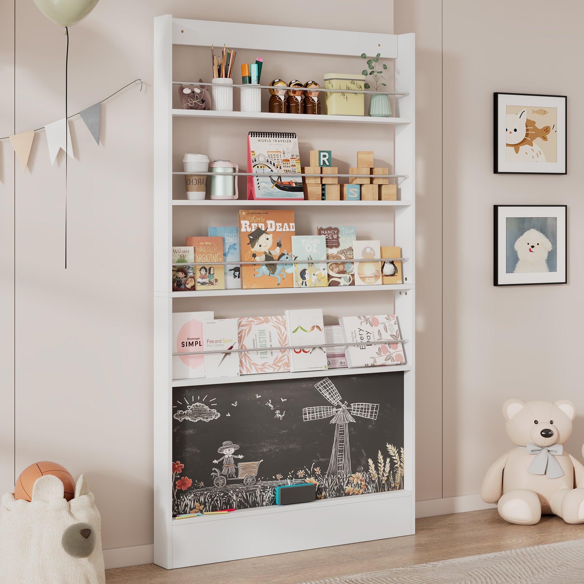 Children's Book Shelf 4-Tier Storage Display Paintable Blackboard Anti-Tip White