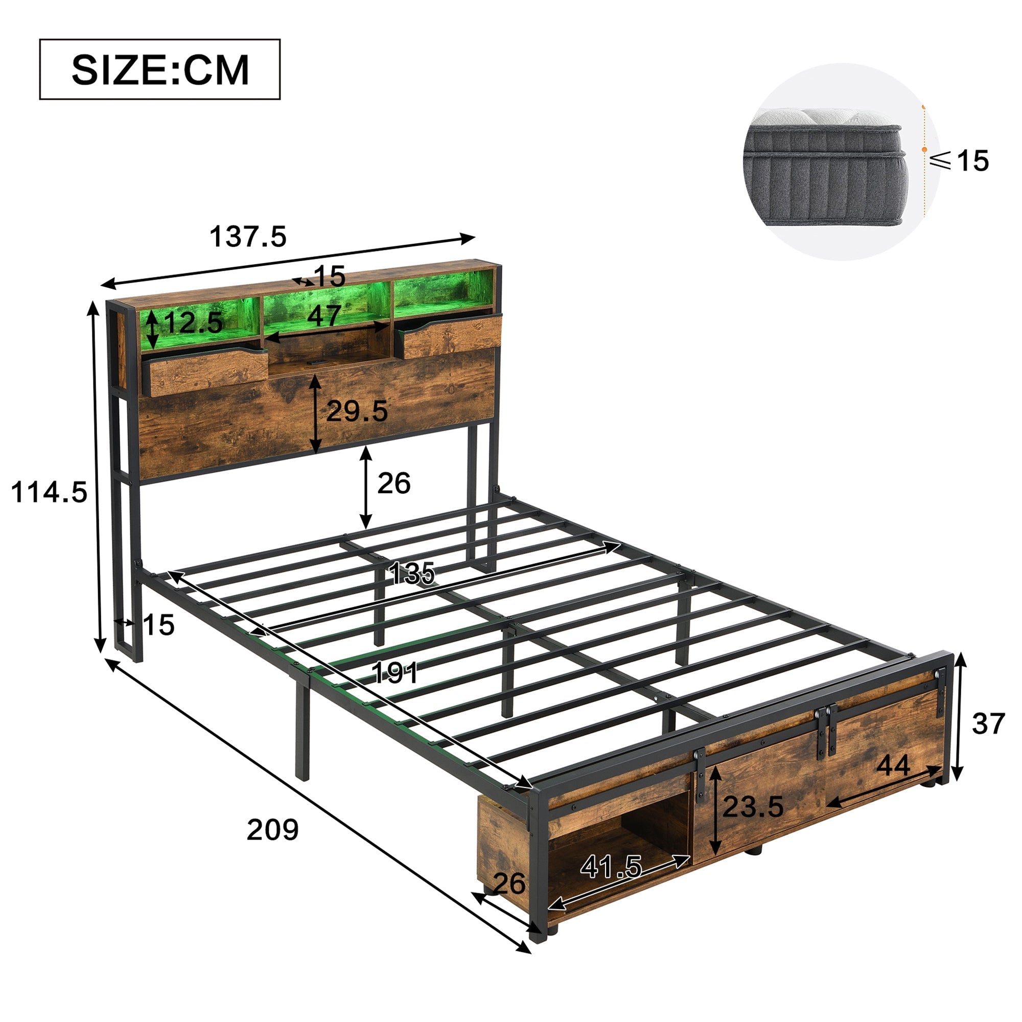 Metal Iron Bed 4ft6 Double 135x190cm with Multi-Color LED Lights, Charging Port (2A/1C), Storage, Black + Wood