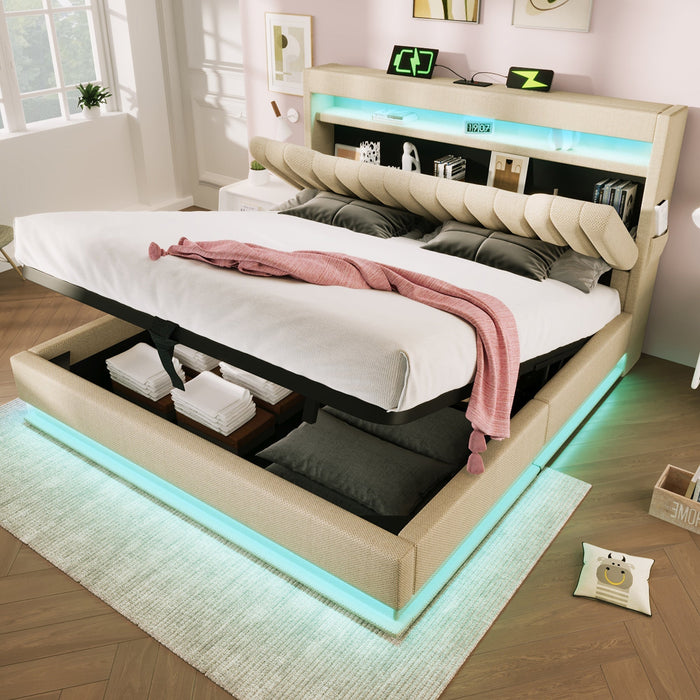 Upholstered Double Bed 180x200cm, Hydraulic Storage Headboard with LED/USB Ports, Beige Linen