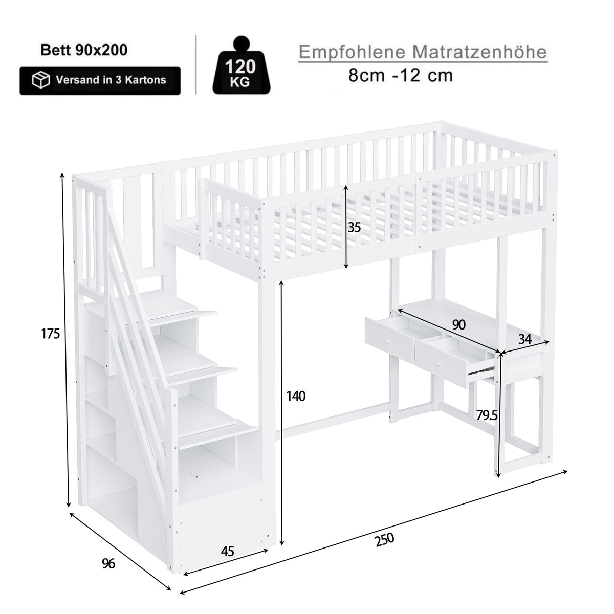 Loft Bed 90x200 Multifunctional Table Storage Stairs Pine Wood White