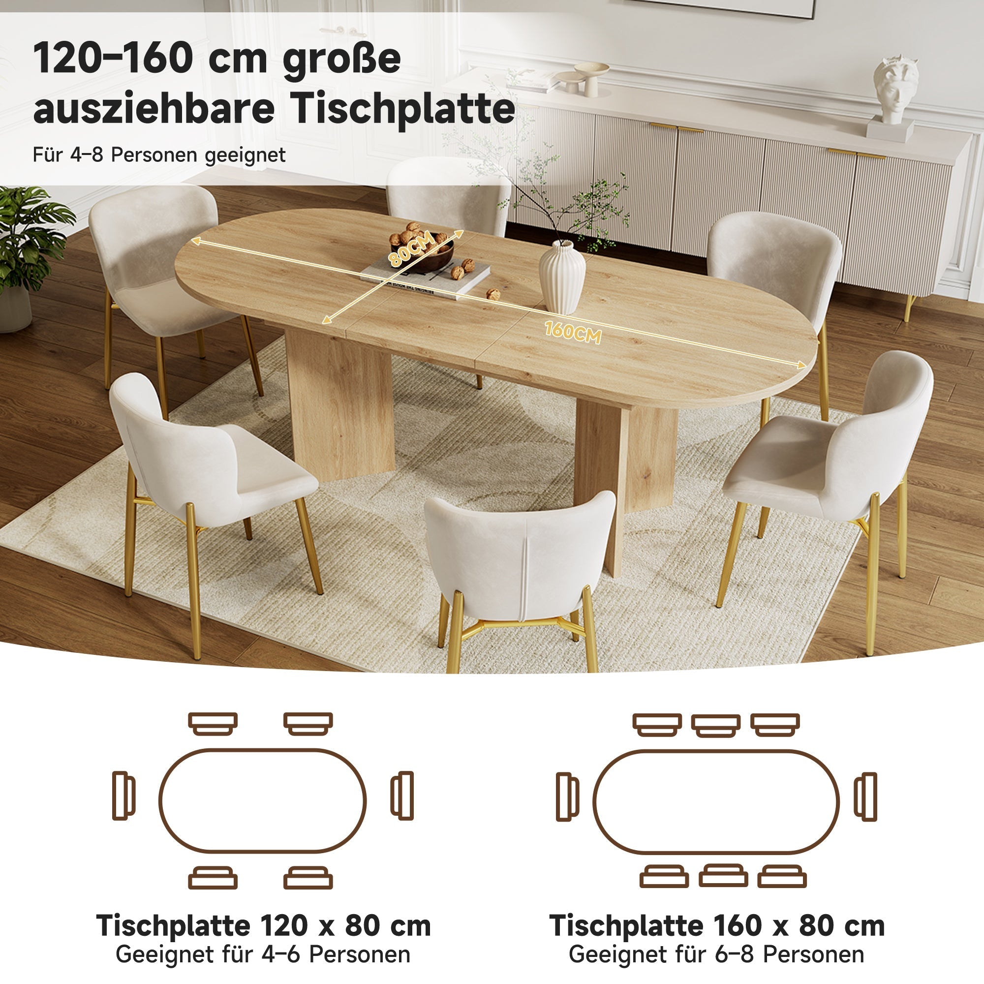 Extendable Dining Table Set with 6 Velvet Chairs and Rounded Corners, Beige and Oak Wood Look