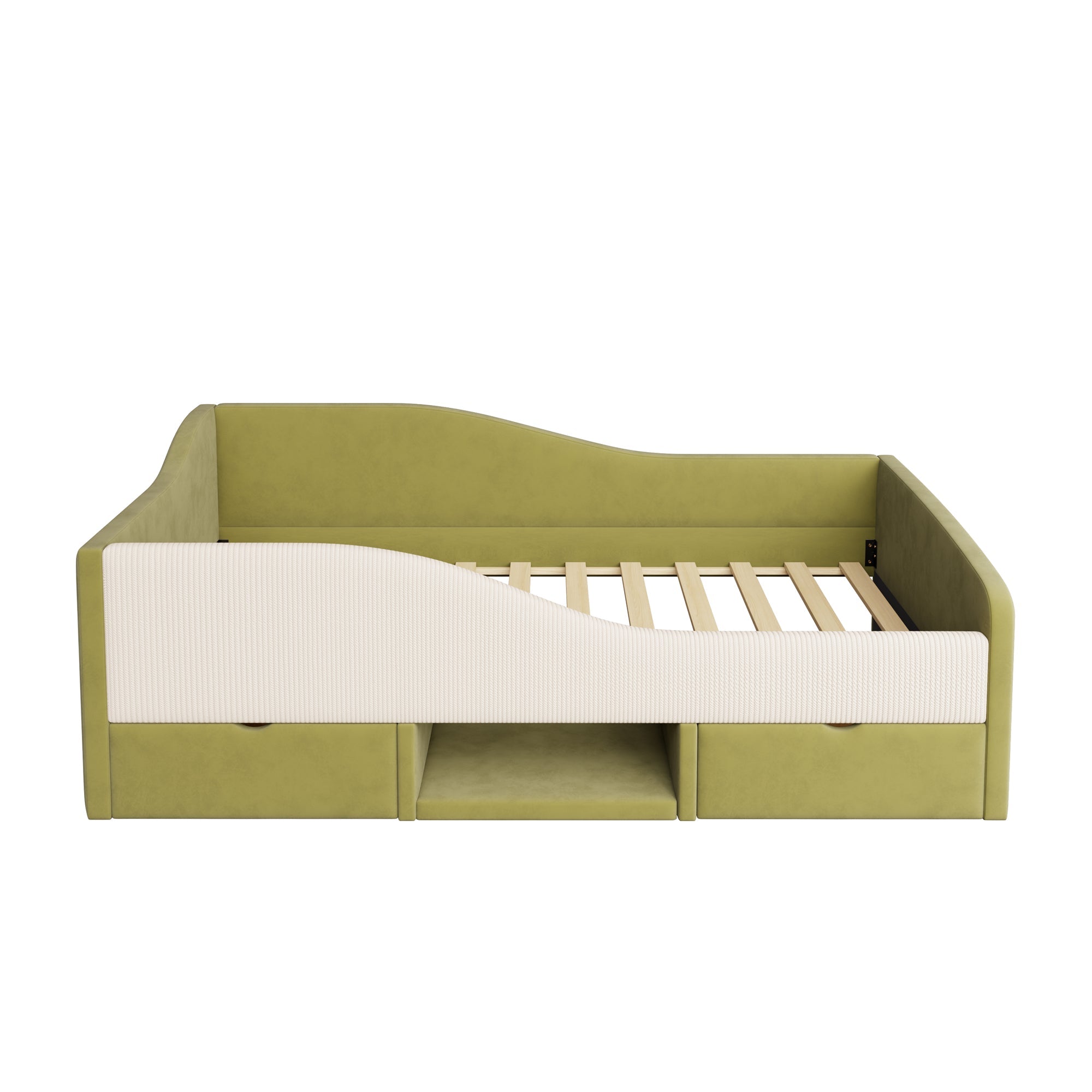 Upholstered Sofa Bed 90x190cm Multifunctional 2 Drawers Railings - Velvet Dark Green/Cream White