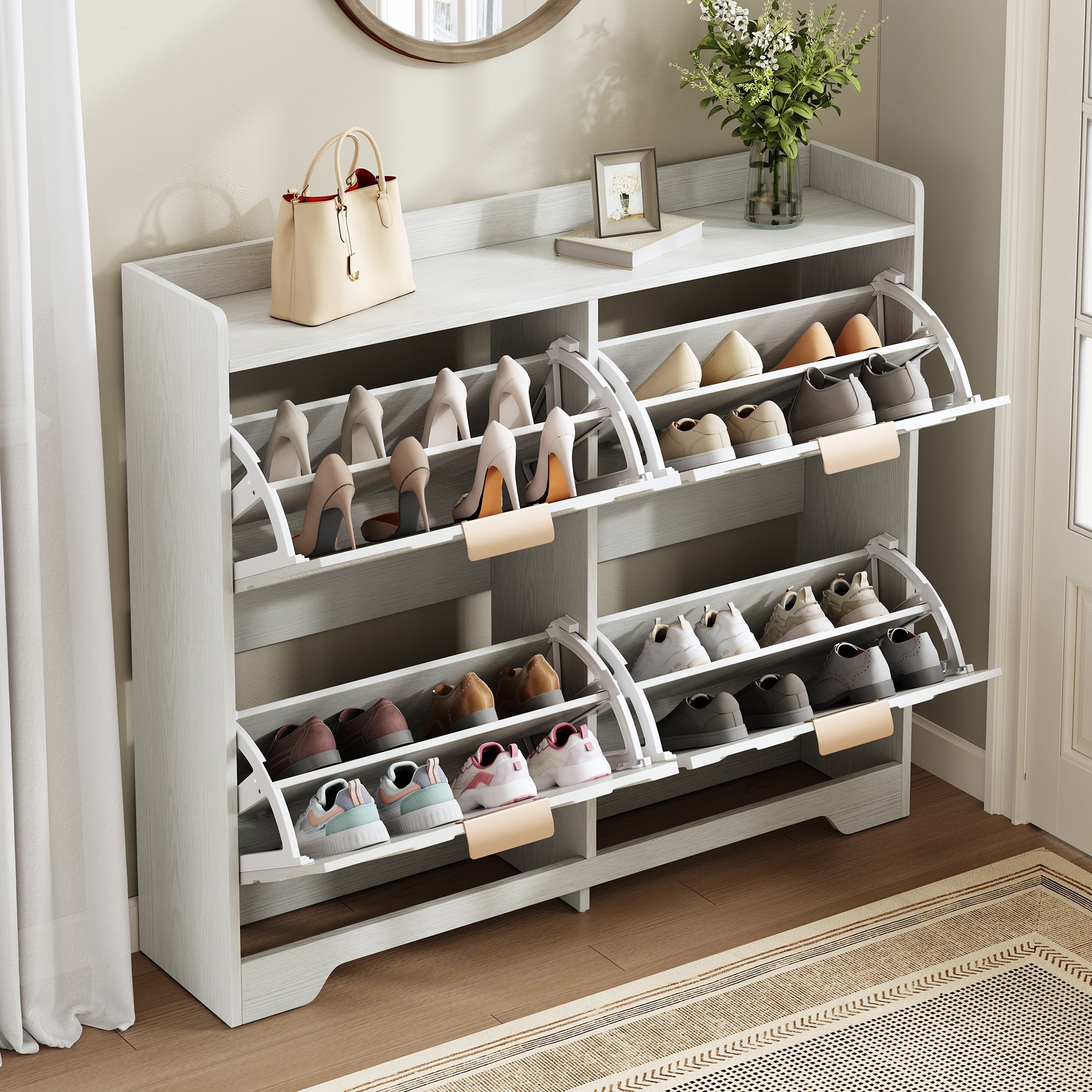 Shoe Cabinet with 4 Flip Drawers, 3D Textured Front and Top Shelf, White Particle Board