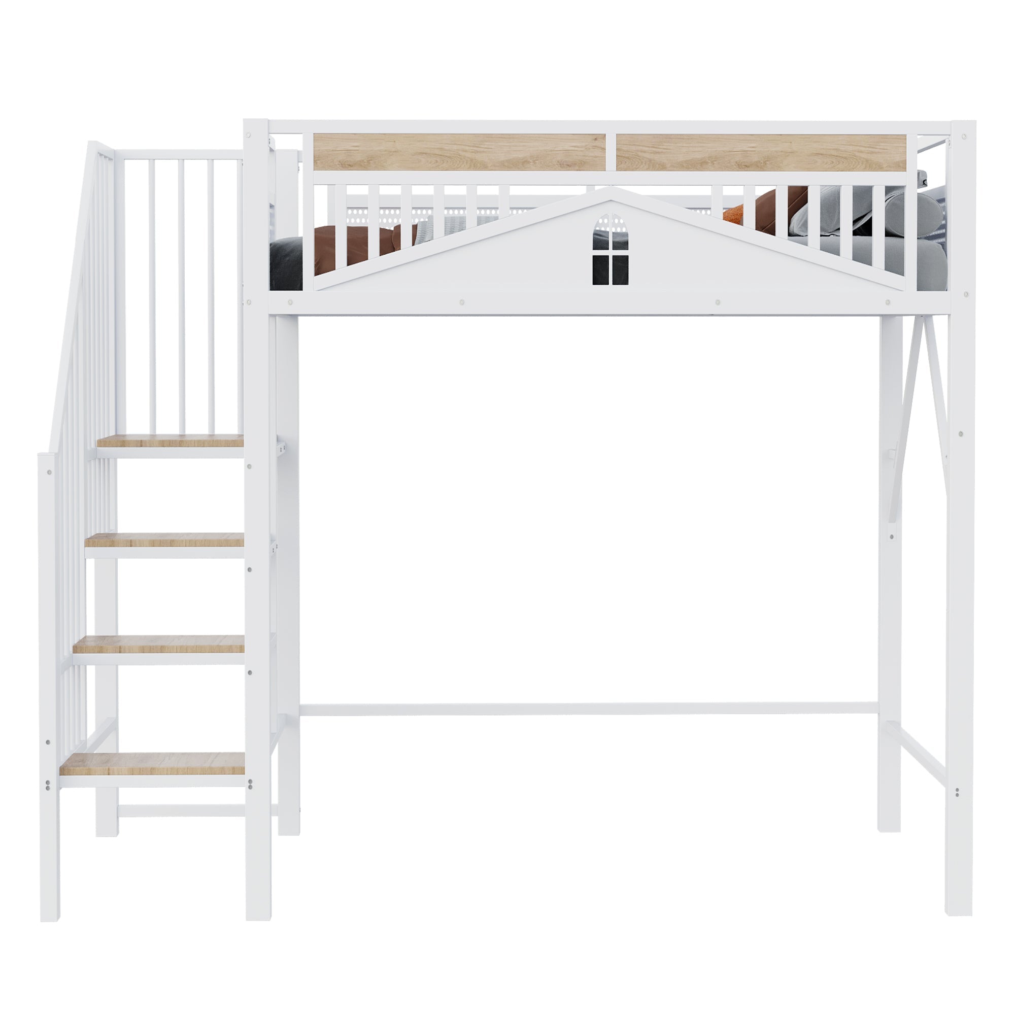Metal Loft Bed, 90x200cm, Safety Rail with Window & Ladder, White