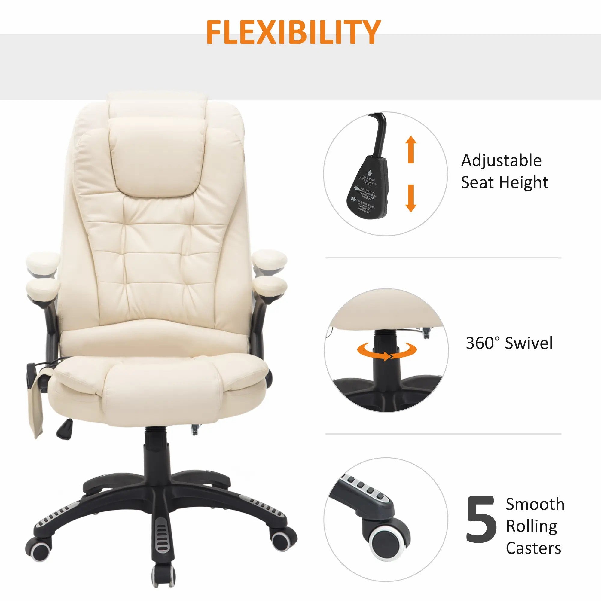 6-Point Massage Office Chair, Heated High Back Executive Desk Adjustable Swivel, PU Leather Beige