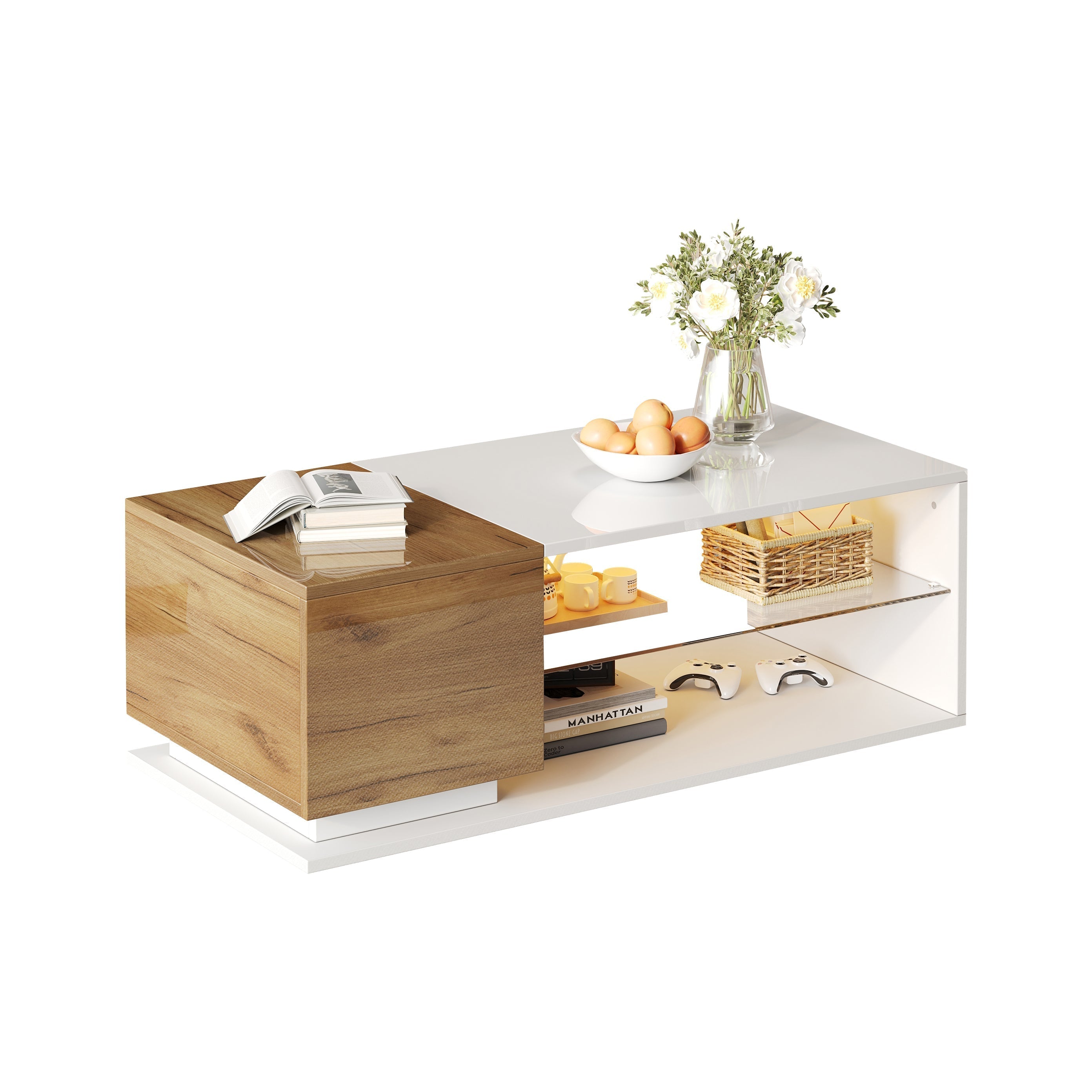 LED Coffee Table High-Gloss with Storage and Lighting 105x50x36cm