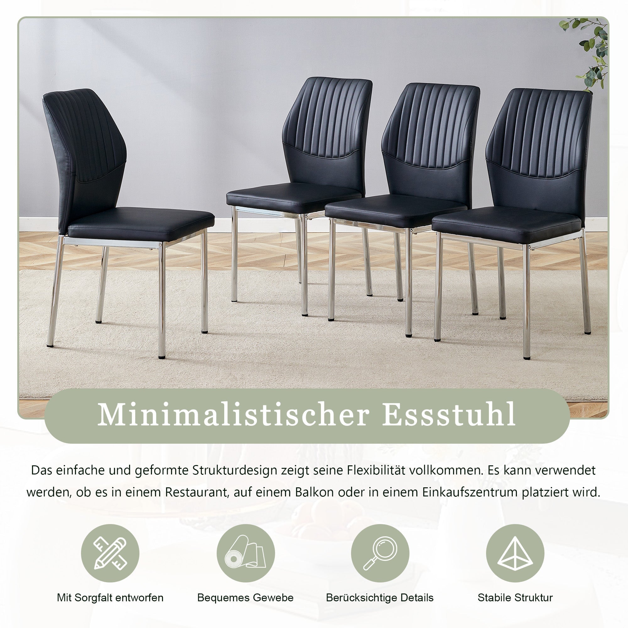 Set of 4 Stylish Dining Chairs with Vertical Embossing and Metal Legs, Black and Silver