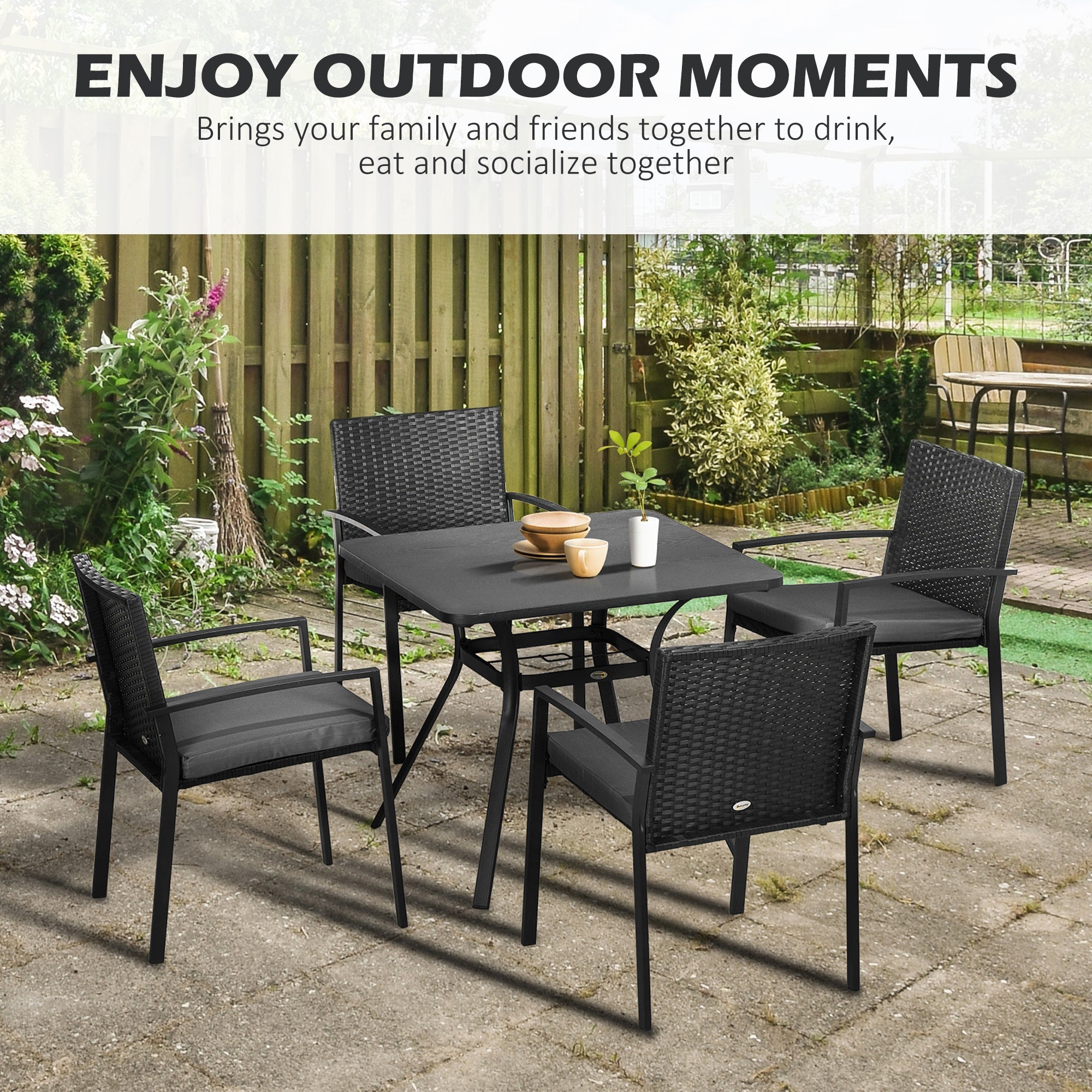 Five-Piece Garden Dining Set with Rattan Seat Chairs and Cushions - Black
