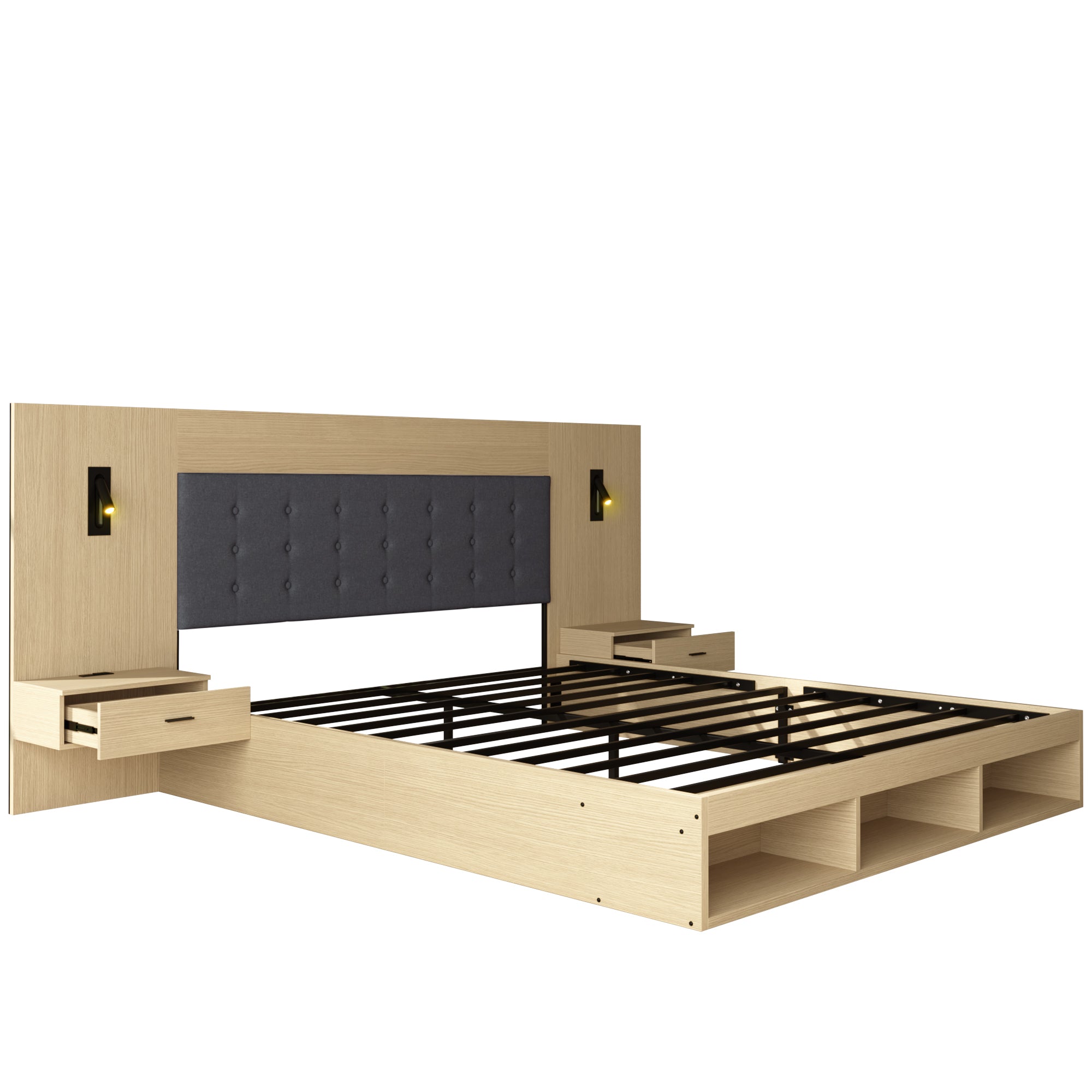 Double Bed with Storage, USB Charging Station, Reading Lamp and 2 Bedside Tables, 160x200cm, Light Oak Wood