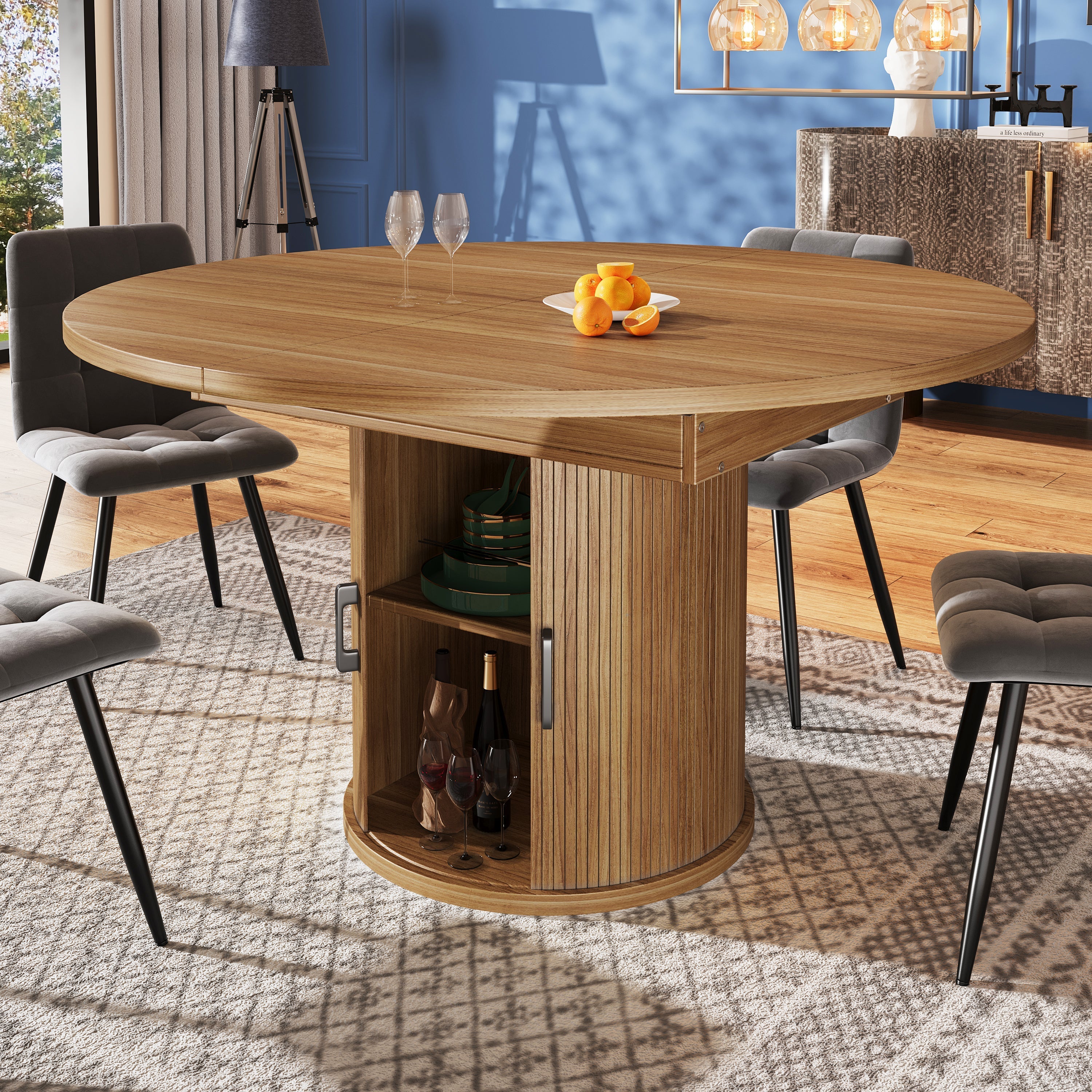 Extendable Dining Table Round/Oval 118-158 cm Seats 6 Walnut/Black