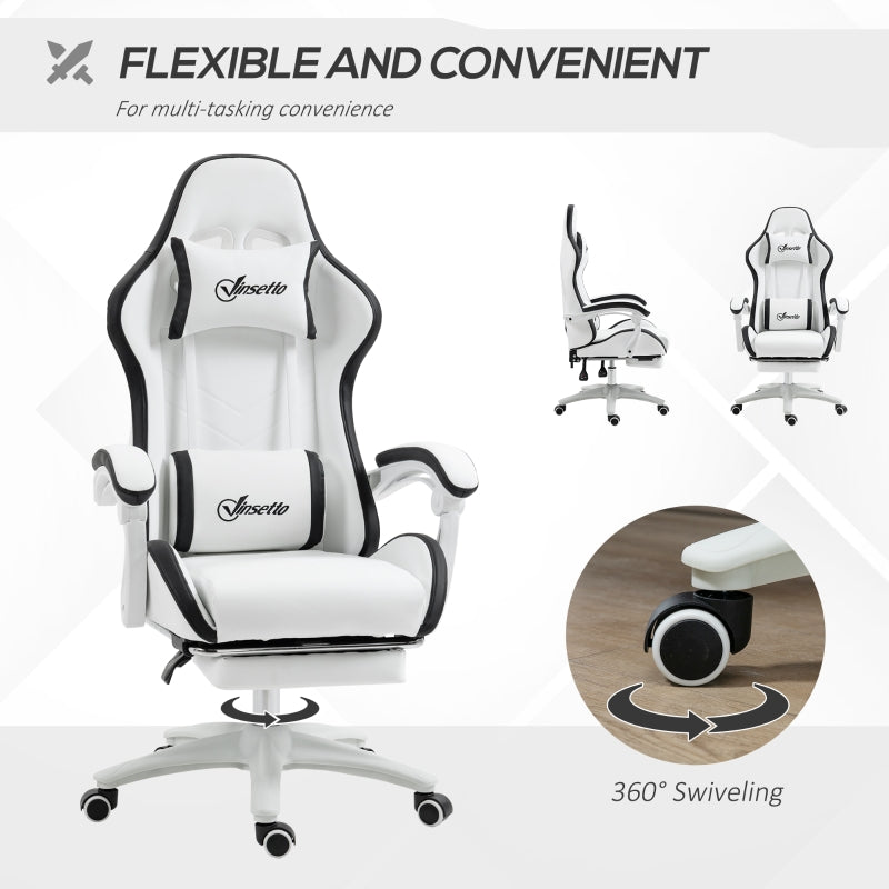 Computer Gaming Chair with Footrest, 135° Reclining Back, Lumbar Support, PU Leather White and Black