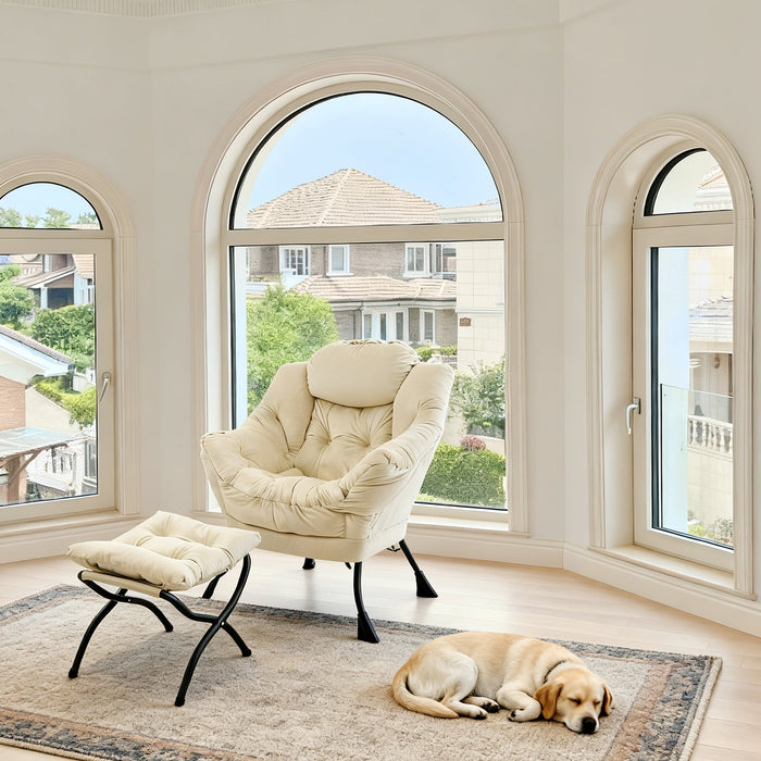 Armchair with Footstool Recliner Armrests Side Pocket - Beige