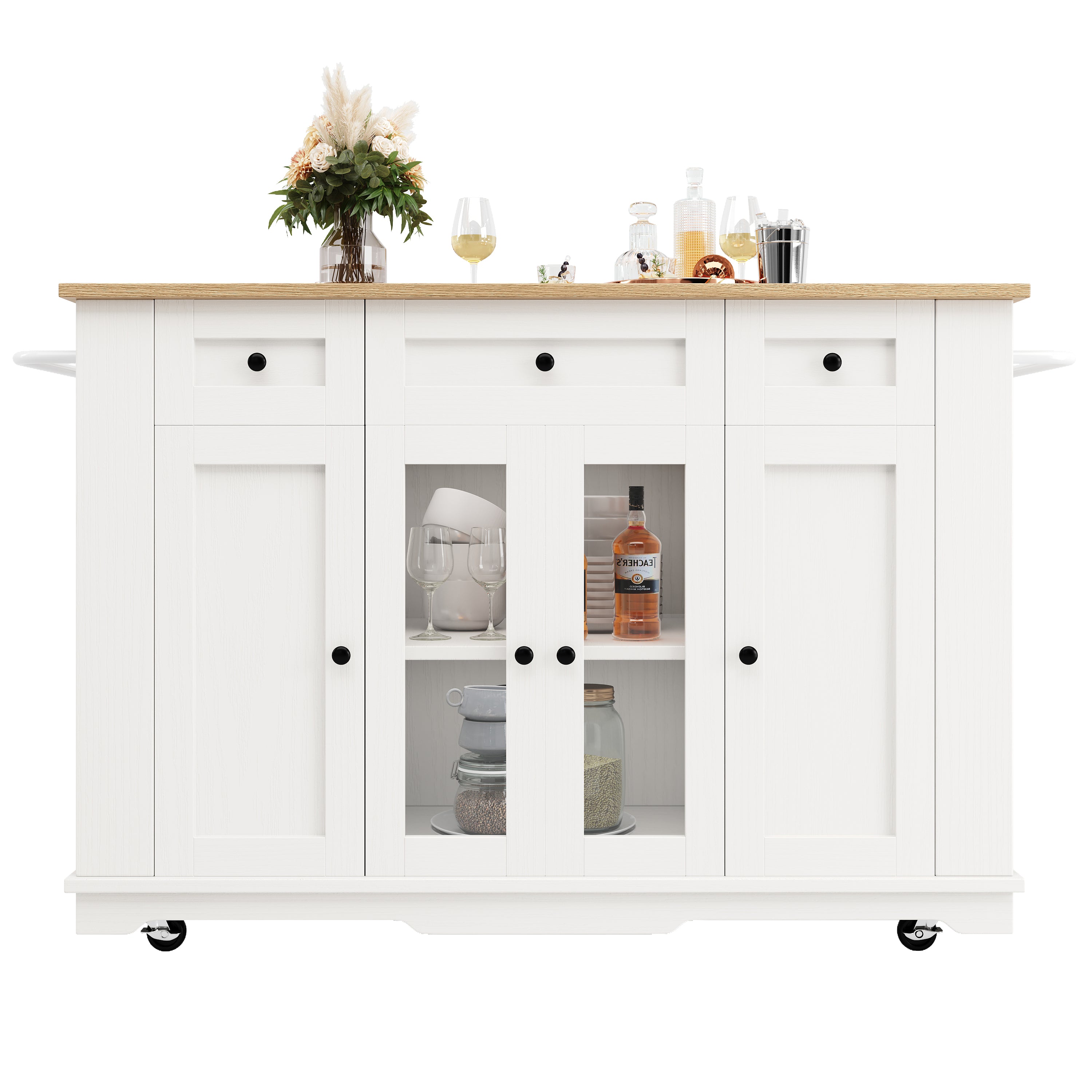 Kitchen Island Cabinet Worktop Storage Tempered Glass White