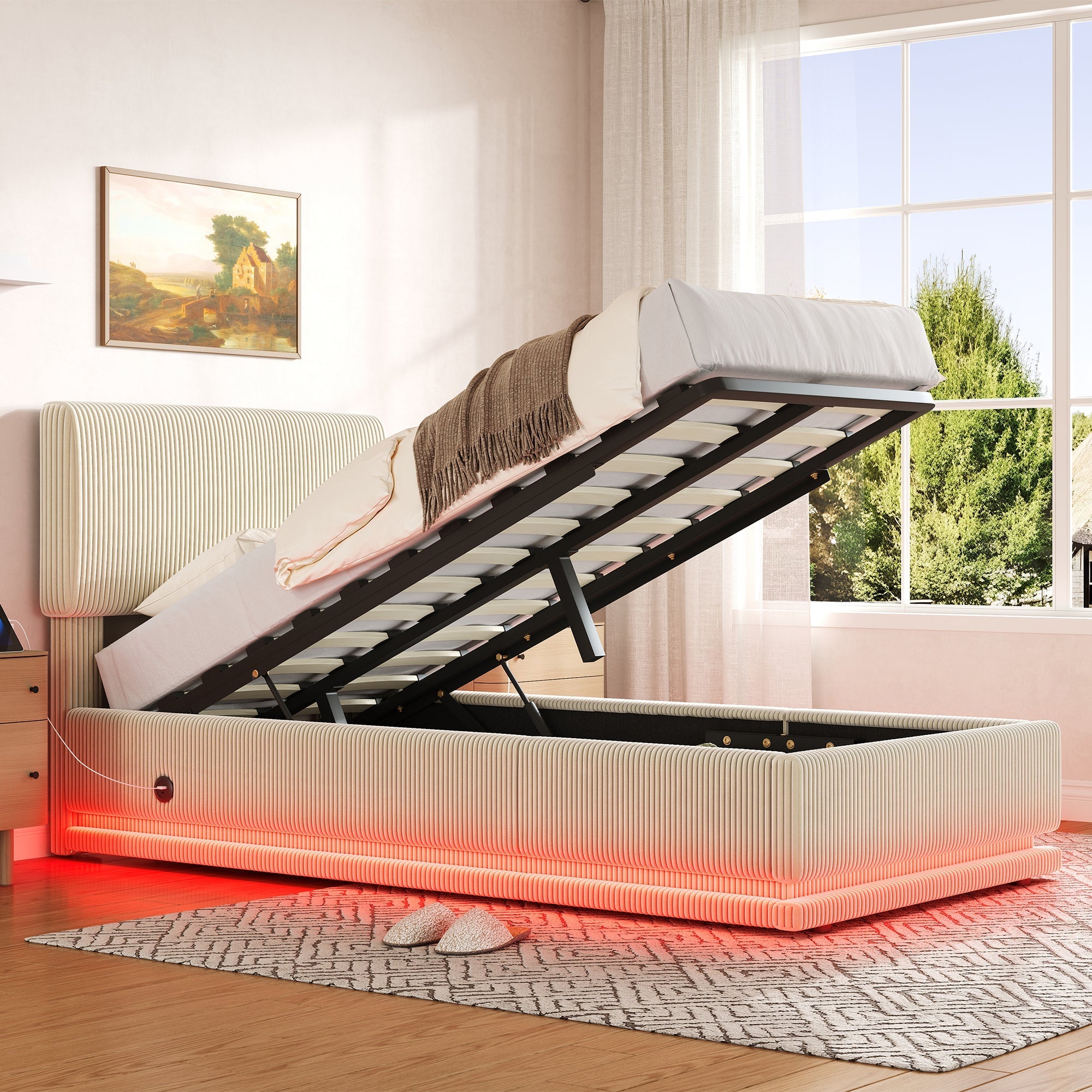 Modern Upholstered Bed with LED Lighting, USB-C and Storage, 90*200 Beige Corduroy