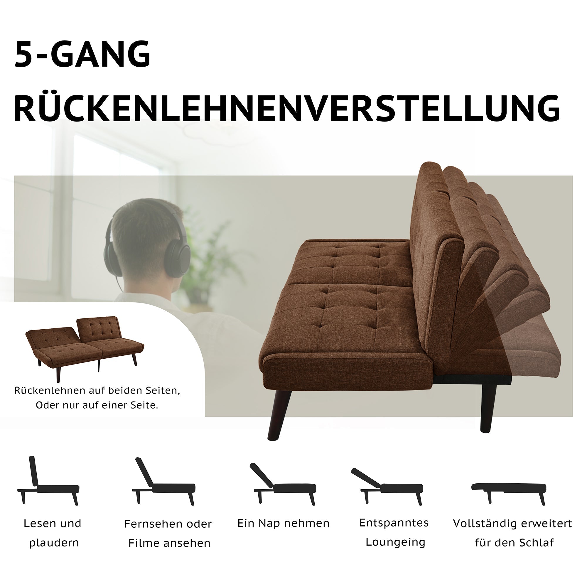 Foldable Futon Sofa Bed 146cm 5-Position Adjustable Backrest - Brown