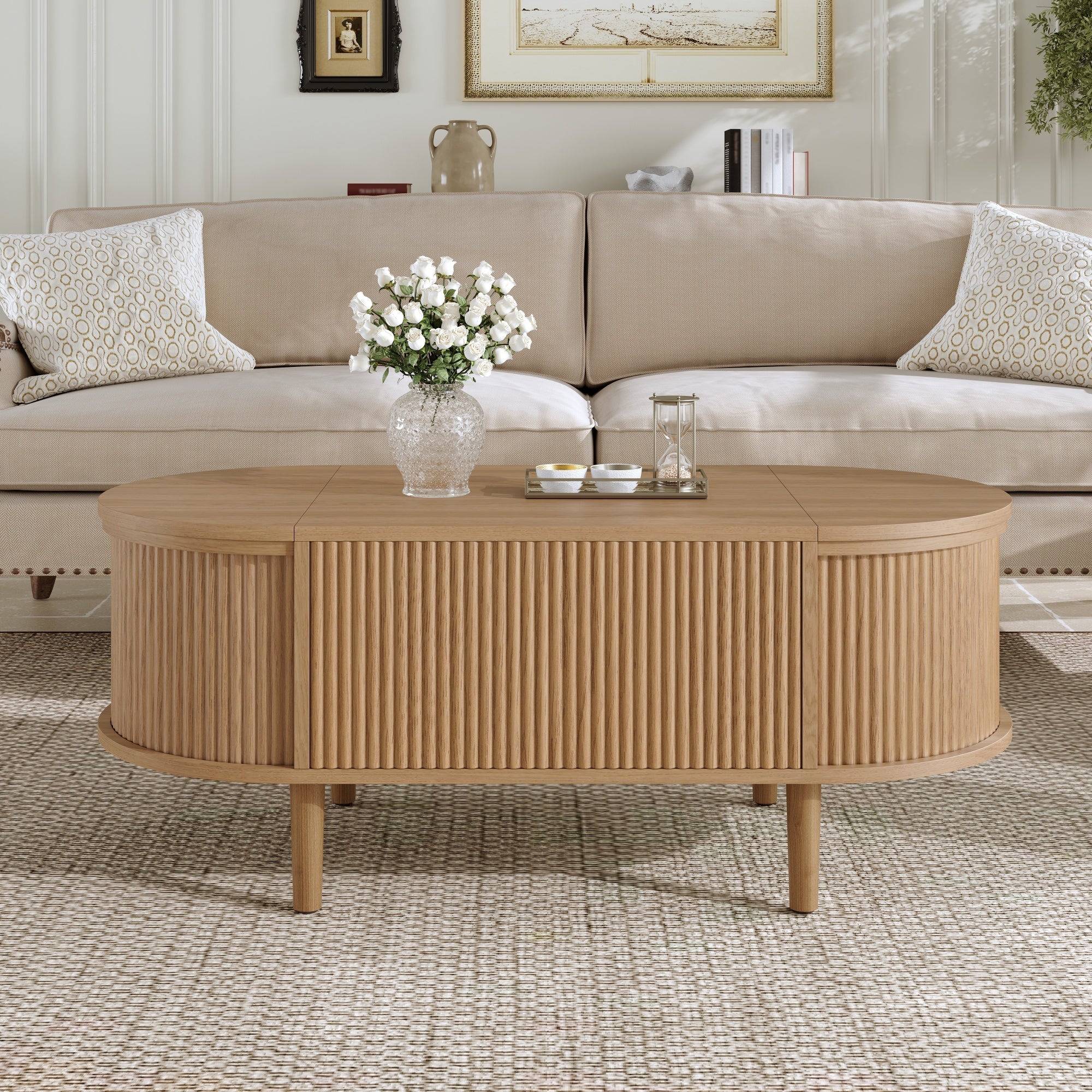 Oval Adjustable Coffee Table with Storage and Multifunctional Design, Vintage Style, Solid Wood Legs