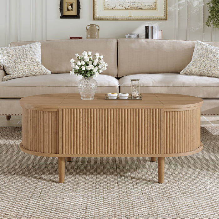 Oval Adjustable Coffee Table with Storage and Multifunctional Design, Vintage Style, Solid Wood Legs