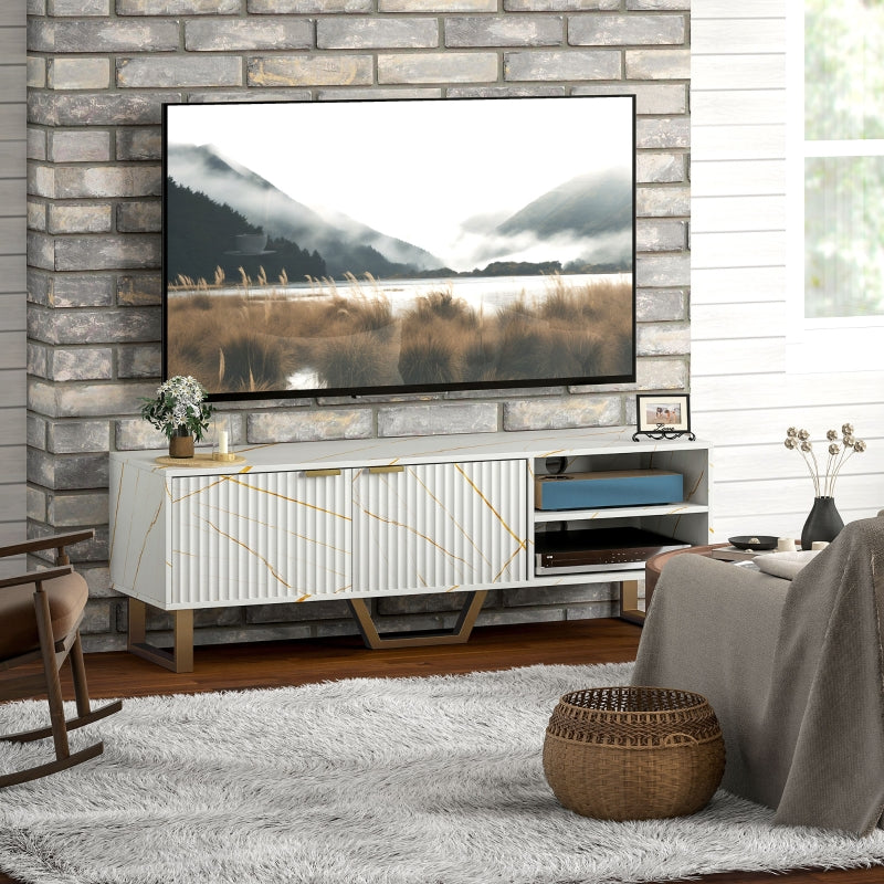 Marble Effect TV Unit Stand for 70" TVs, Fluted Door Storage, White