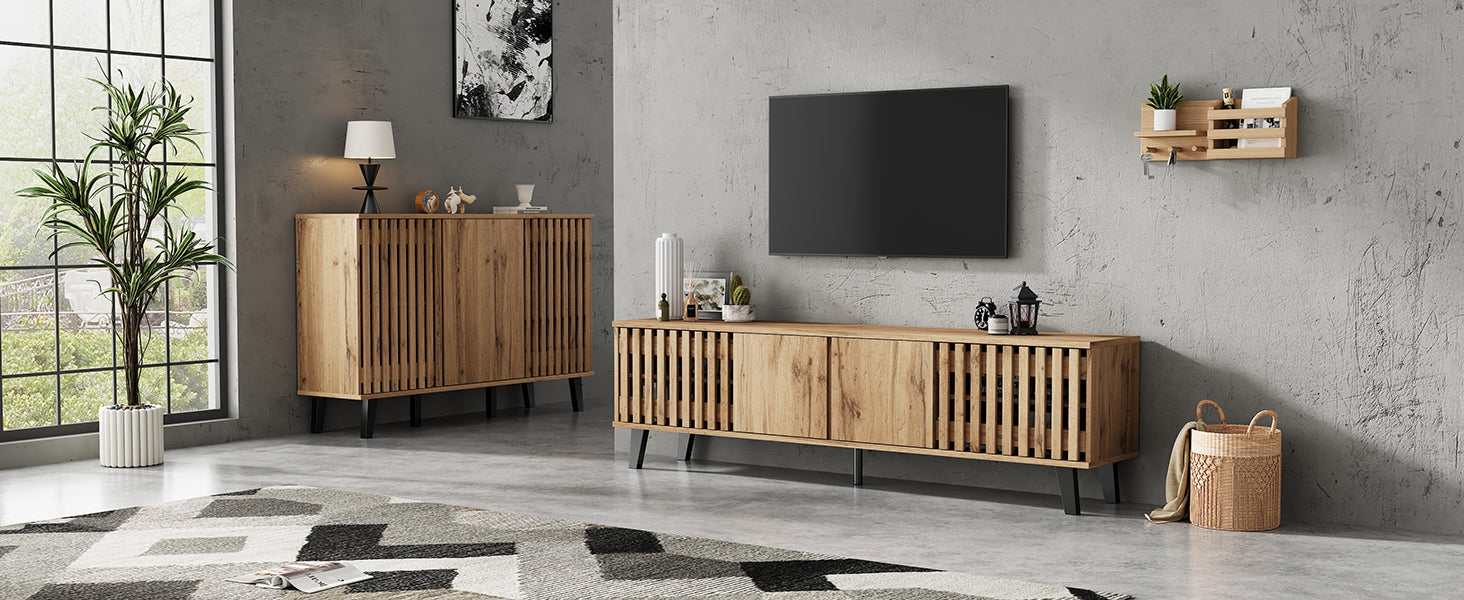 TV Cabinet and Sideboard Set, 180cm & 150cm, 8 Compartments 6 Shelves, Natural Wood