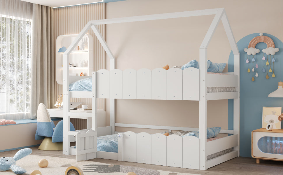 Children's Bunk Bed 90x200cm House Design Slatted Base White