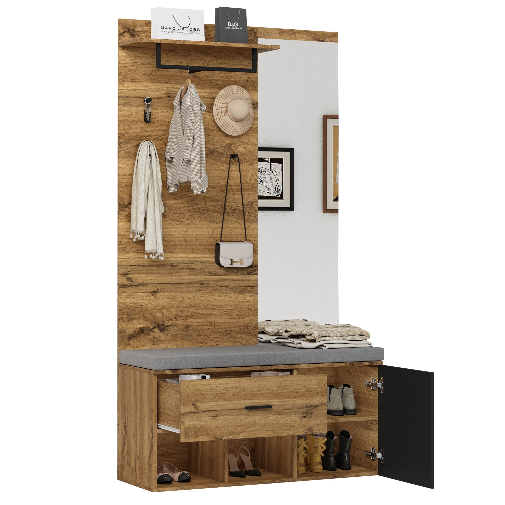 Wardrobe Set with Mirror, Shoe Bench, & Storage - 190 cm High, Wood Look