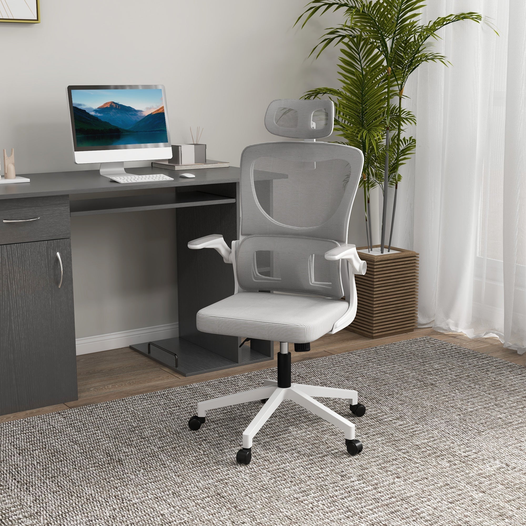Ergonomic Office Chair - Adjustable Height, Headrest, Lumbar Support, Rocking Function - Mesh Gray