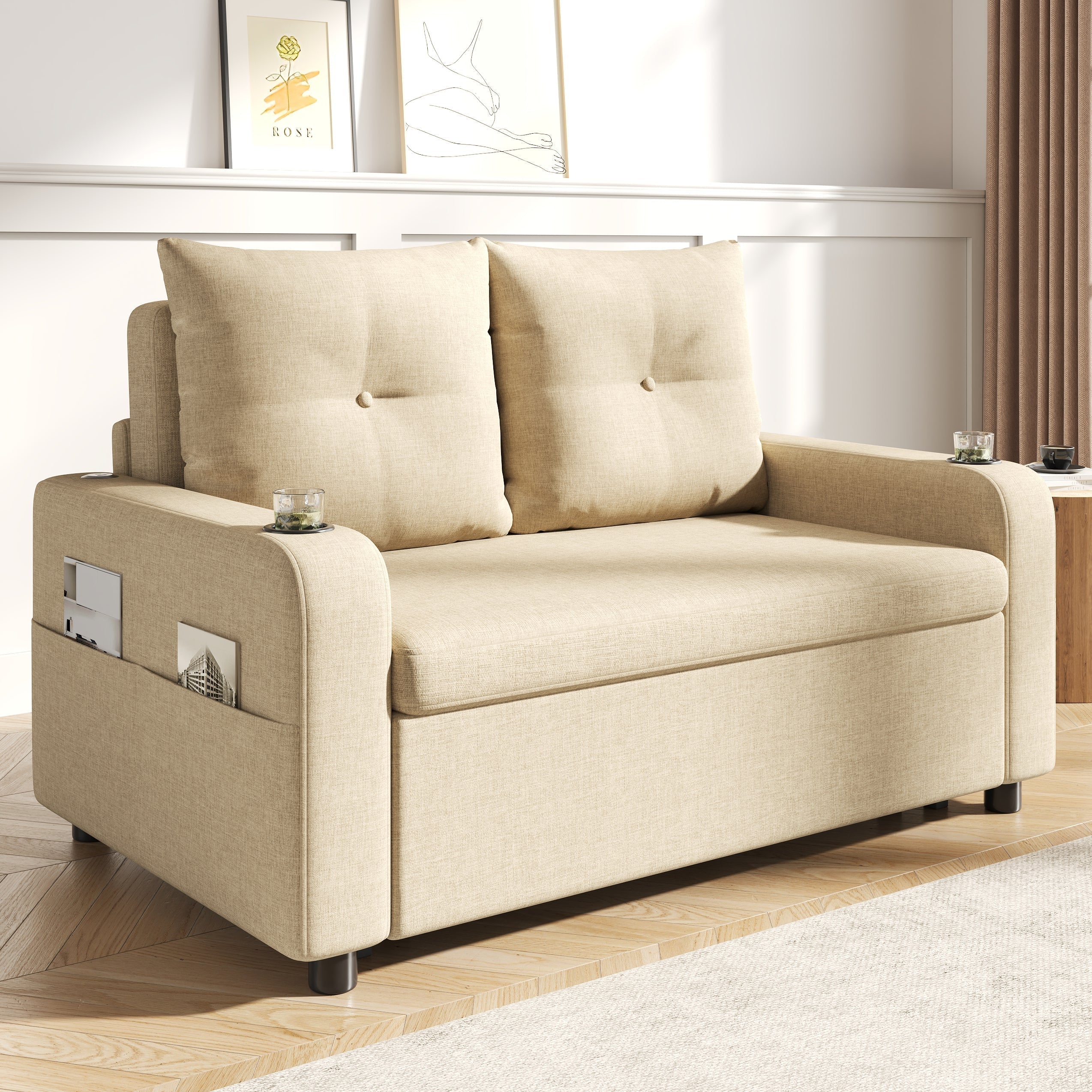 3-in-1 Sleeper Sofa with Pull-Out Bed, Cup Holder, USB Port and Side Pockets, Beige Cotton Linen
