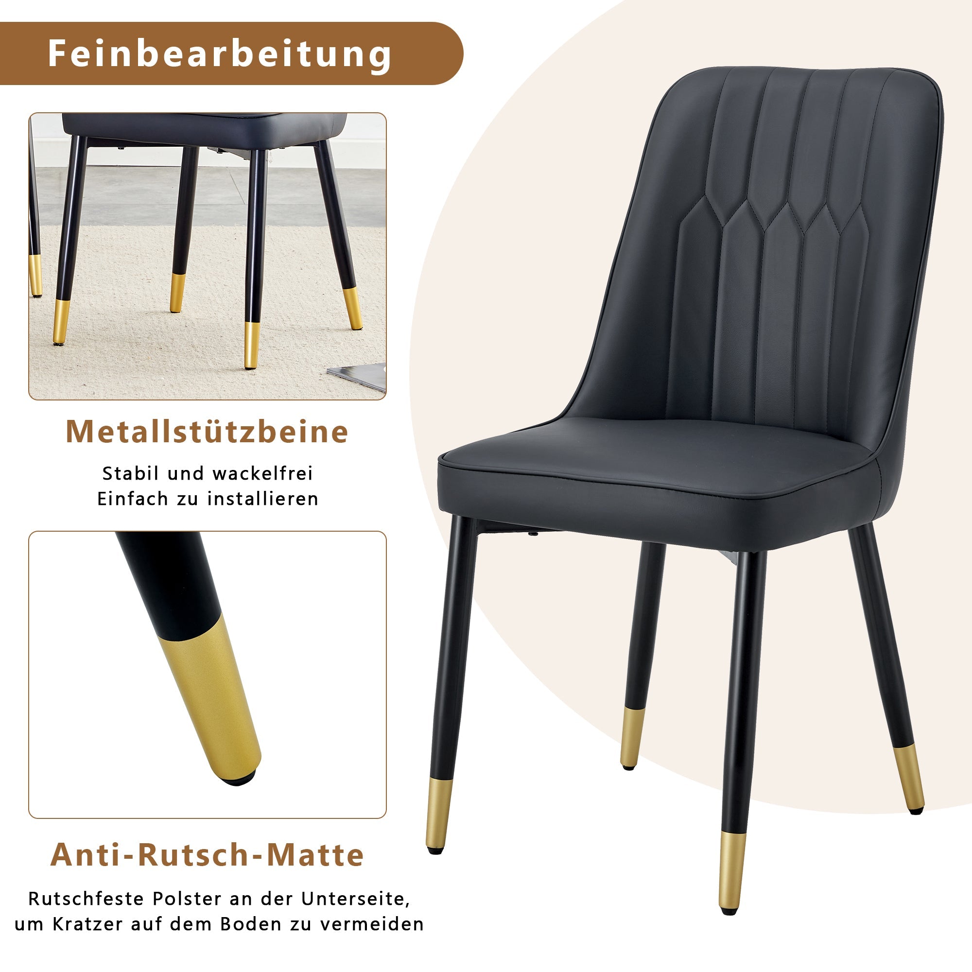 2-Piece Dining Chair Modern PU Leather Back Cushion Metal Legs Black