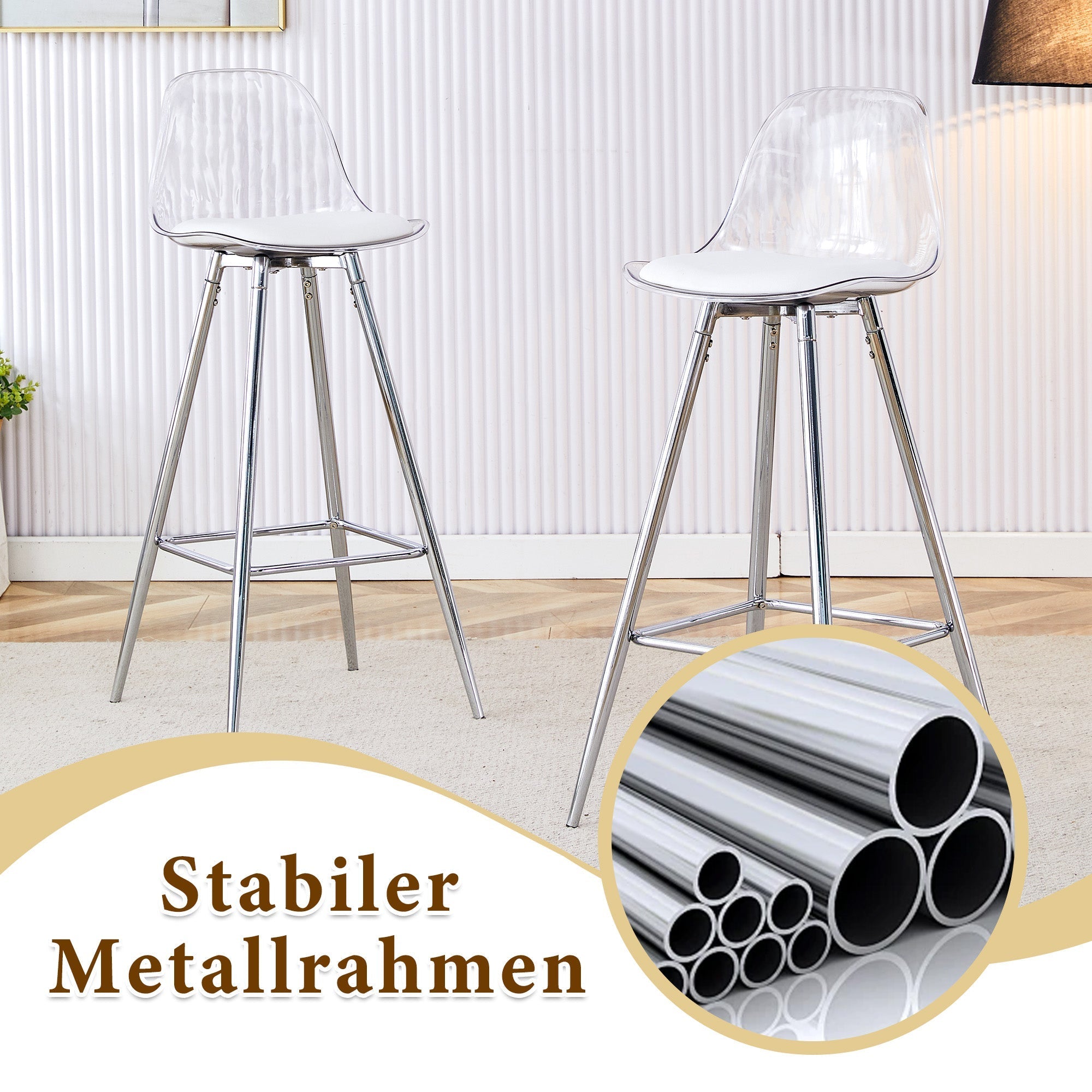 Transparent Armchairs 2-Piece Set Translucent Backrests Silver Metal Frame