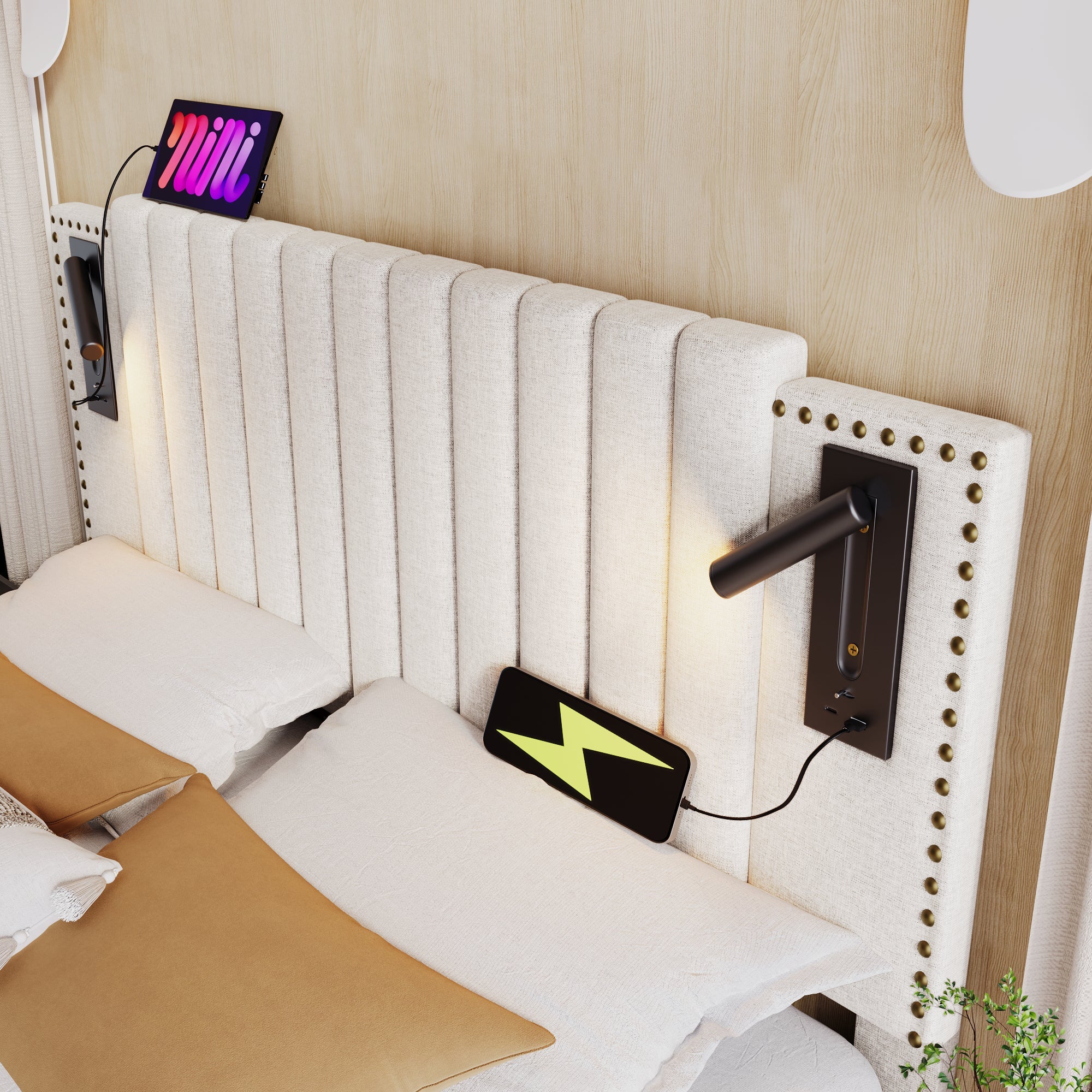 Upholstered Double Bed 180x200 with Storage, Bed Box and USB Reading Light, Beige Cotton