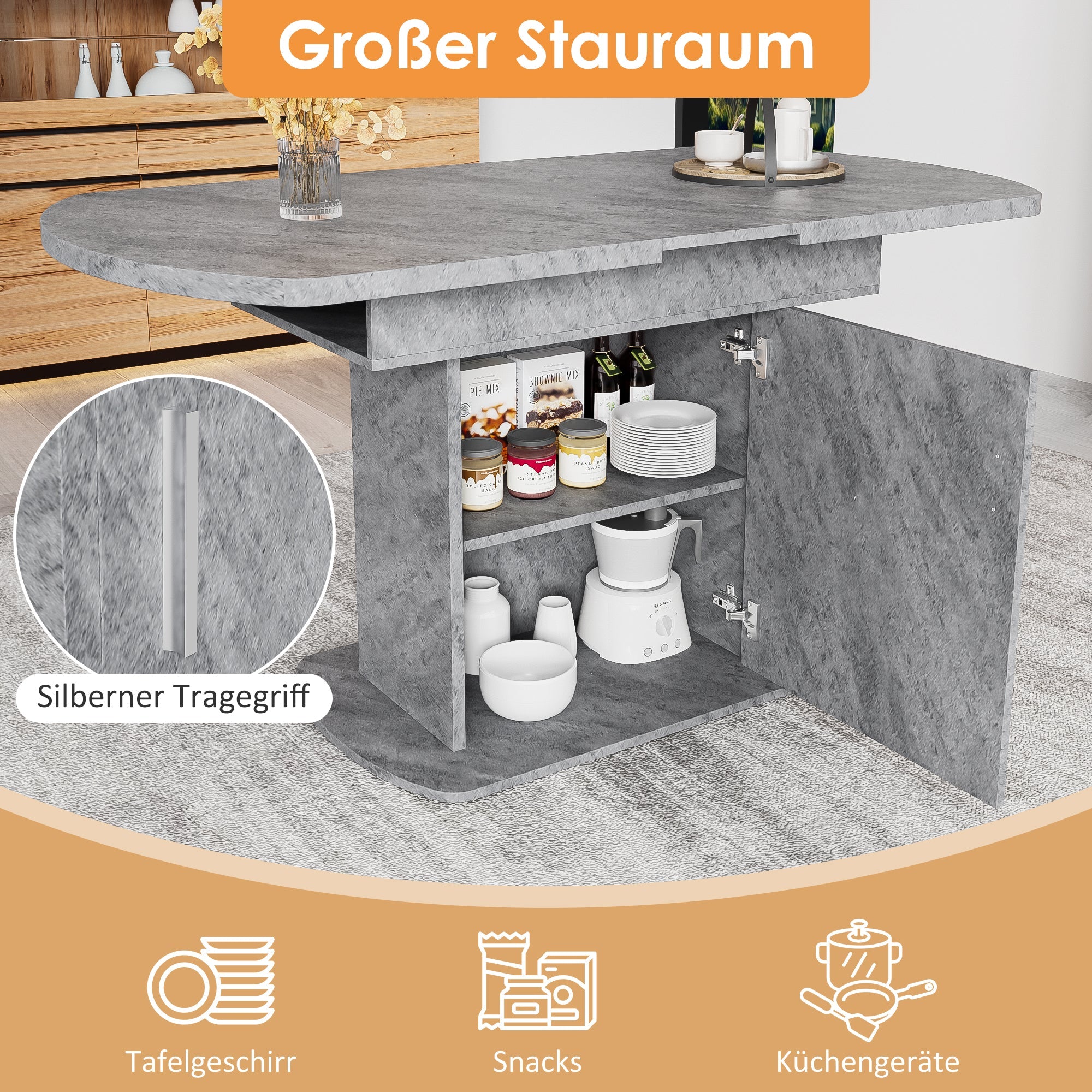 Extendable Oval Dining Table with Storage and Minimalist Design, Concrete Look and Silver Handle