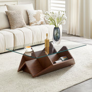 Multi-Storage Coffee Table with Tempered Glass and Spacious Compartments, Walnut Finish MDF