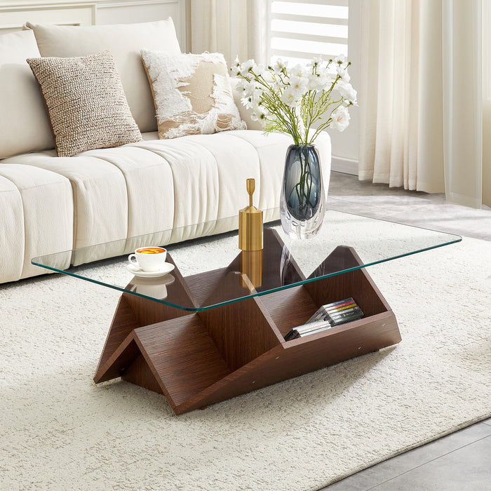 Multi-Storage Coffee Table with Tempered Glass and Spacious Compartments, Walnut Finish MDF