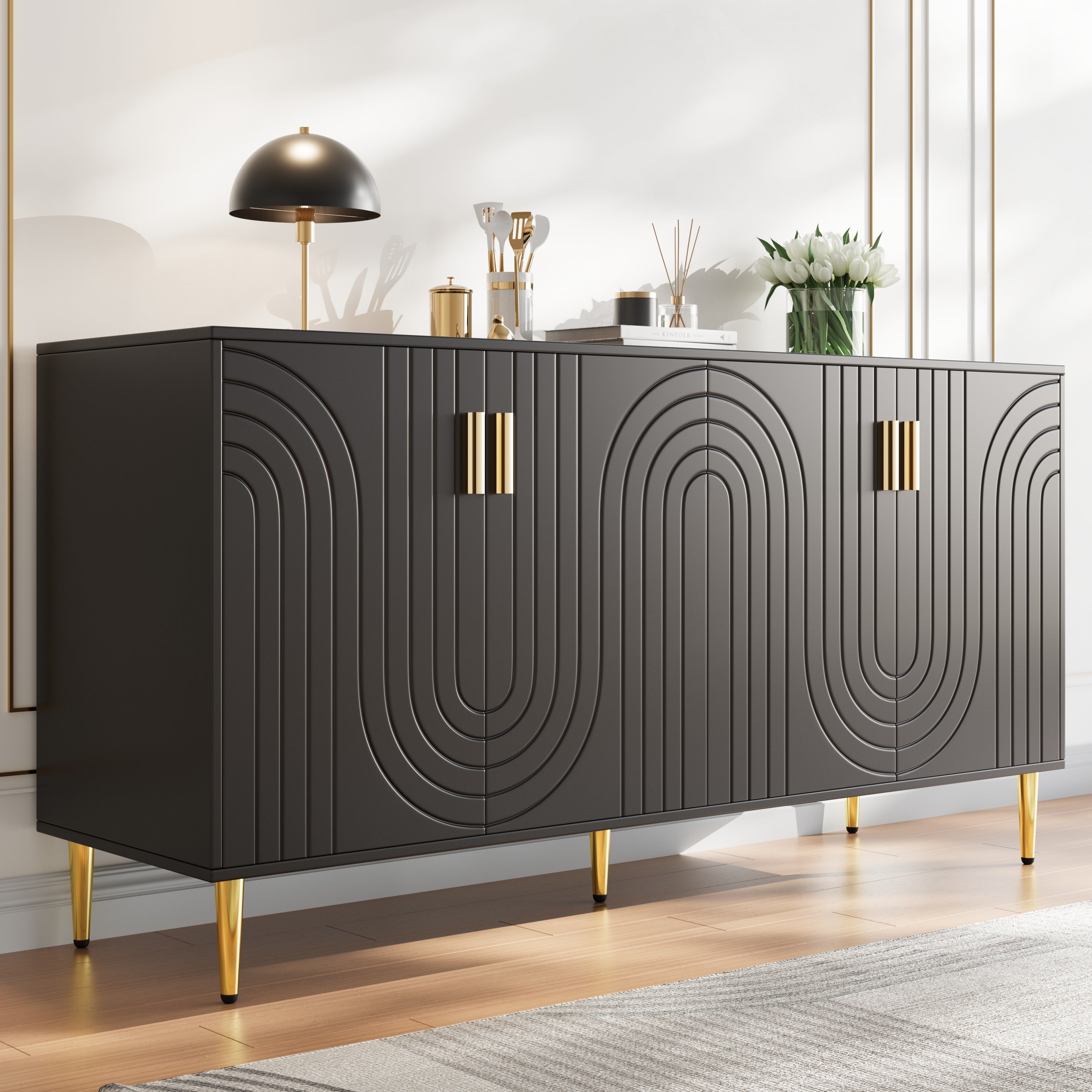 Black Sideboard, 152x40x75cm with Wave Design and Golden Handles, Black