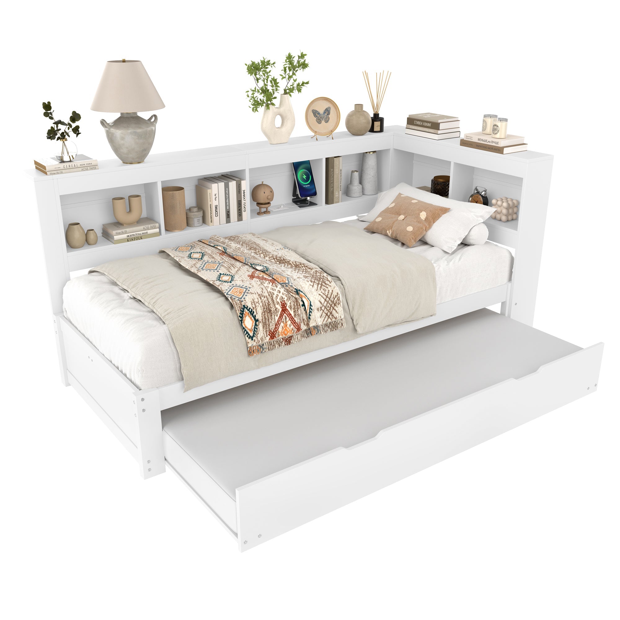 Daybed with Pull-Out Bed, 90x200cm, Power Outlet and 2 USB Ports, White Chipboard