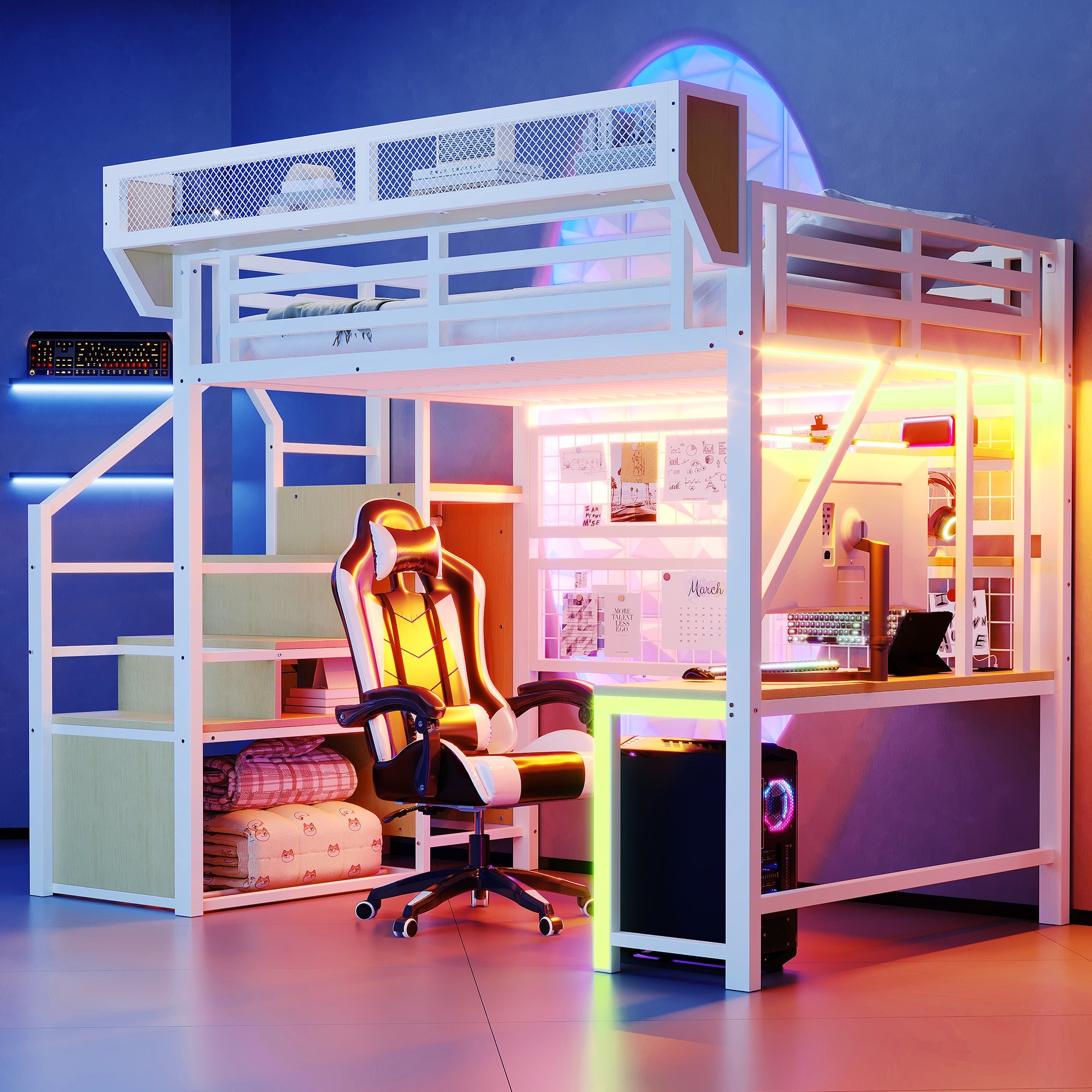 Metal Loft Bed with Desk, Shelf, Storage Net, LED and Socket, 140x200cm, White Metal