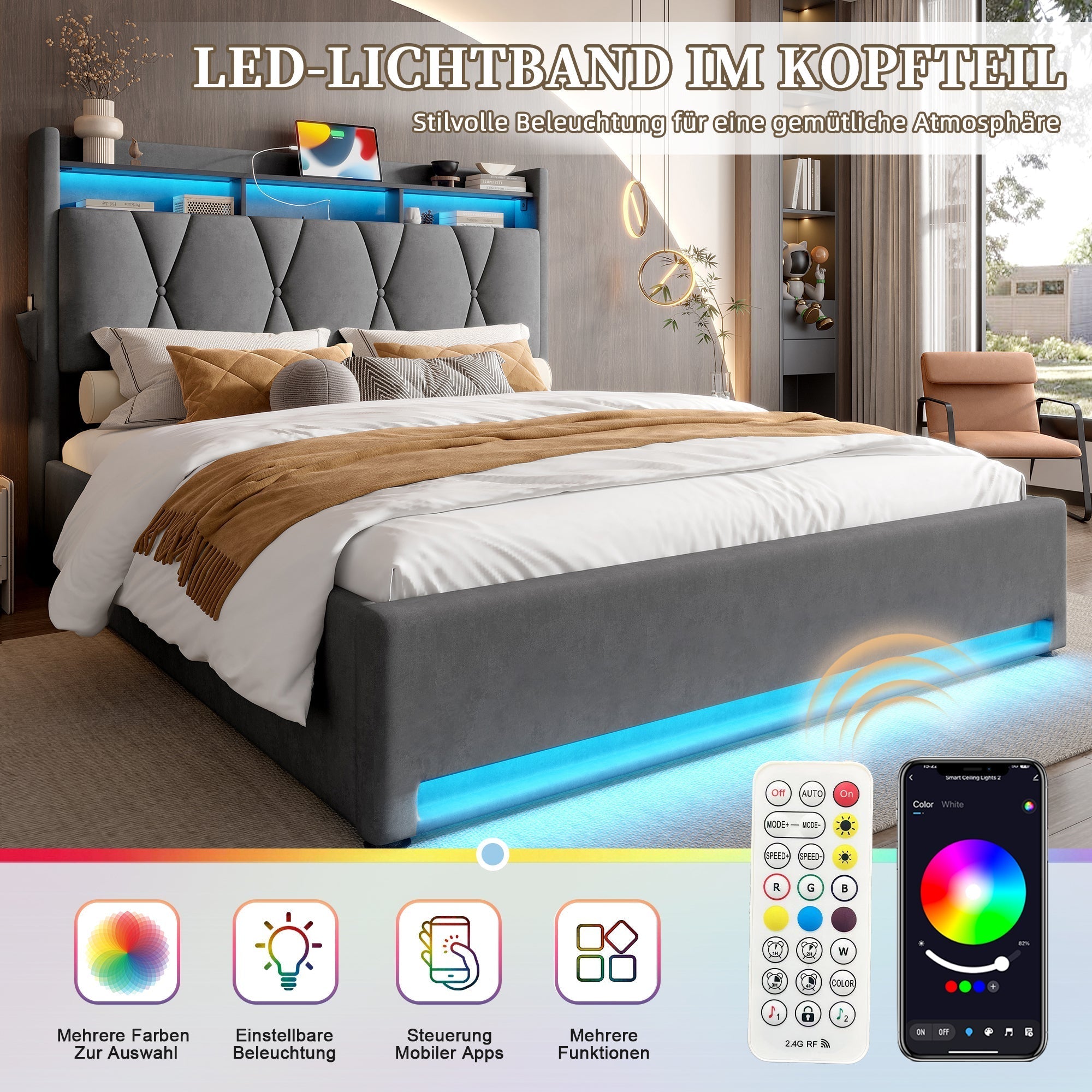 Upholstered Bed Frame 160x200cm LED/USB-C Hydraulic Storage Headboard, Grey