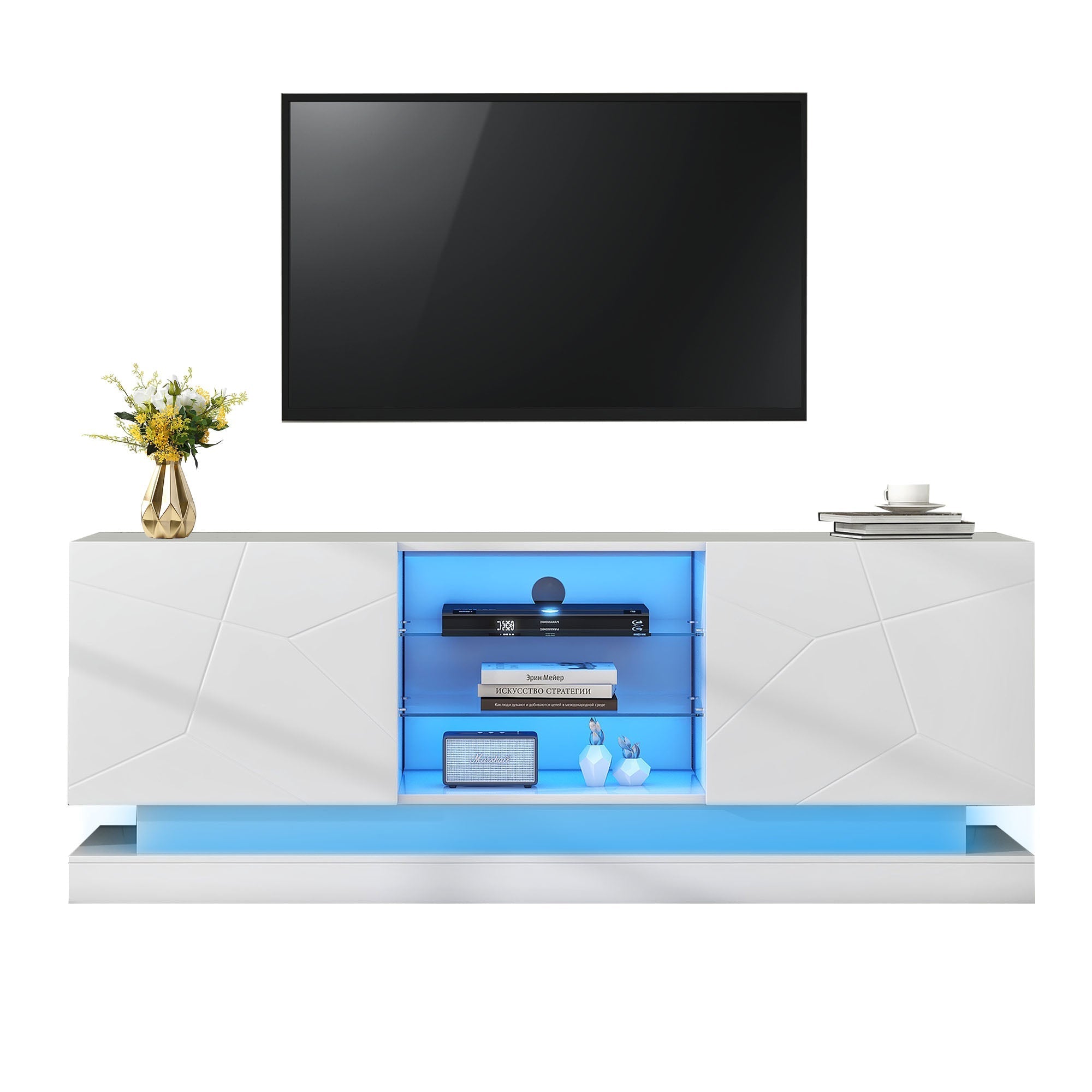 TV Cabinet Stand Unit, LED Modern Entertainment Center for 70" TV, High Gloss