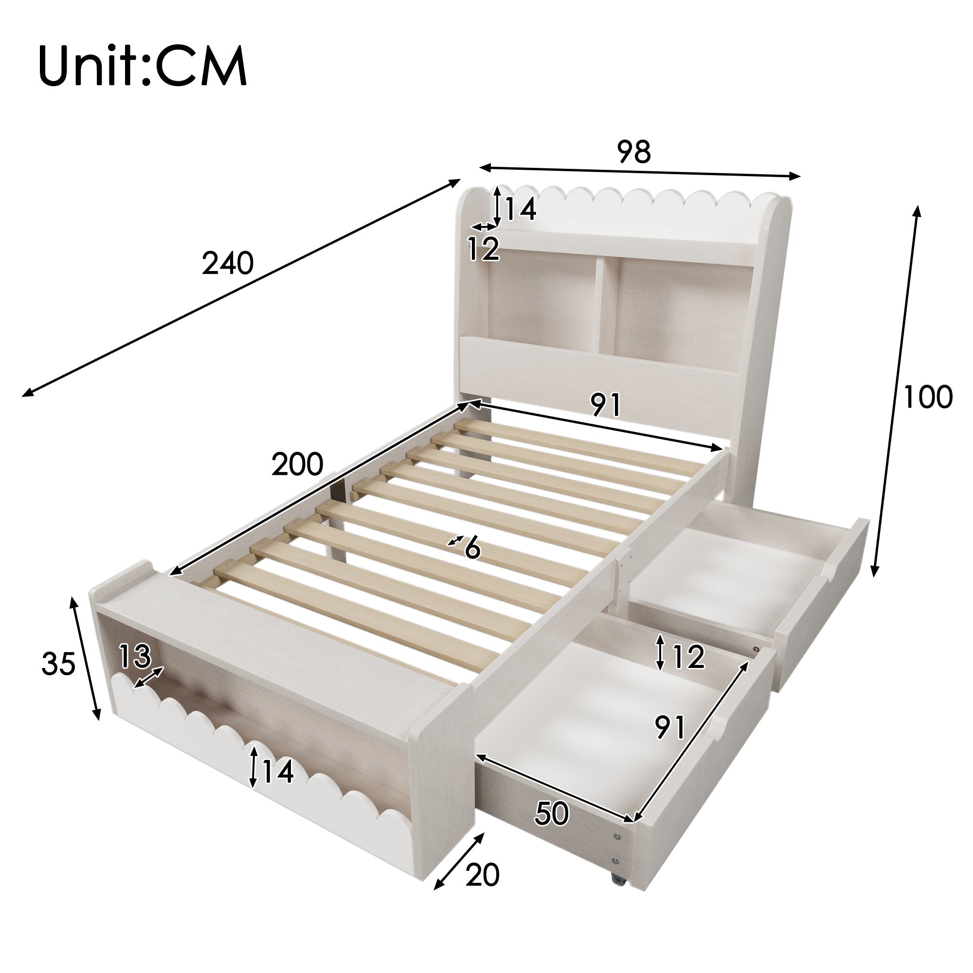 Children's Single Bed, Storage with Drawers, Shelf, Bench, Wood, White Oak