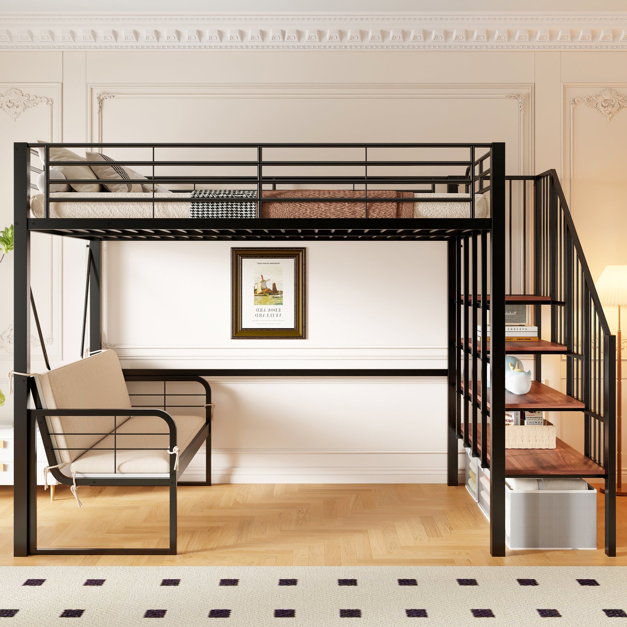Bunk Bed with Removable Sofa and Storage Stairs, 140x200cm, Black Metal