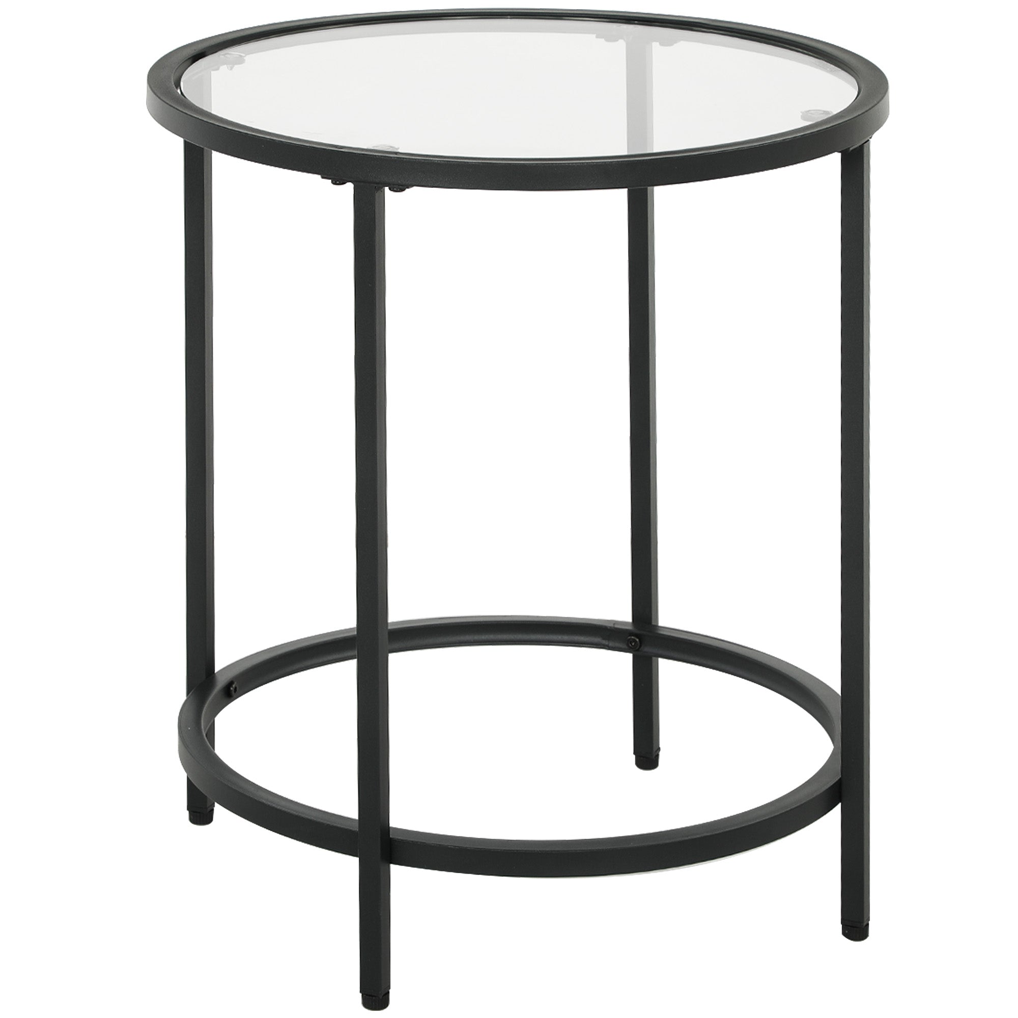 Round Side Coffee Table, Glass Top Nightstand Metal Frame, Black