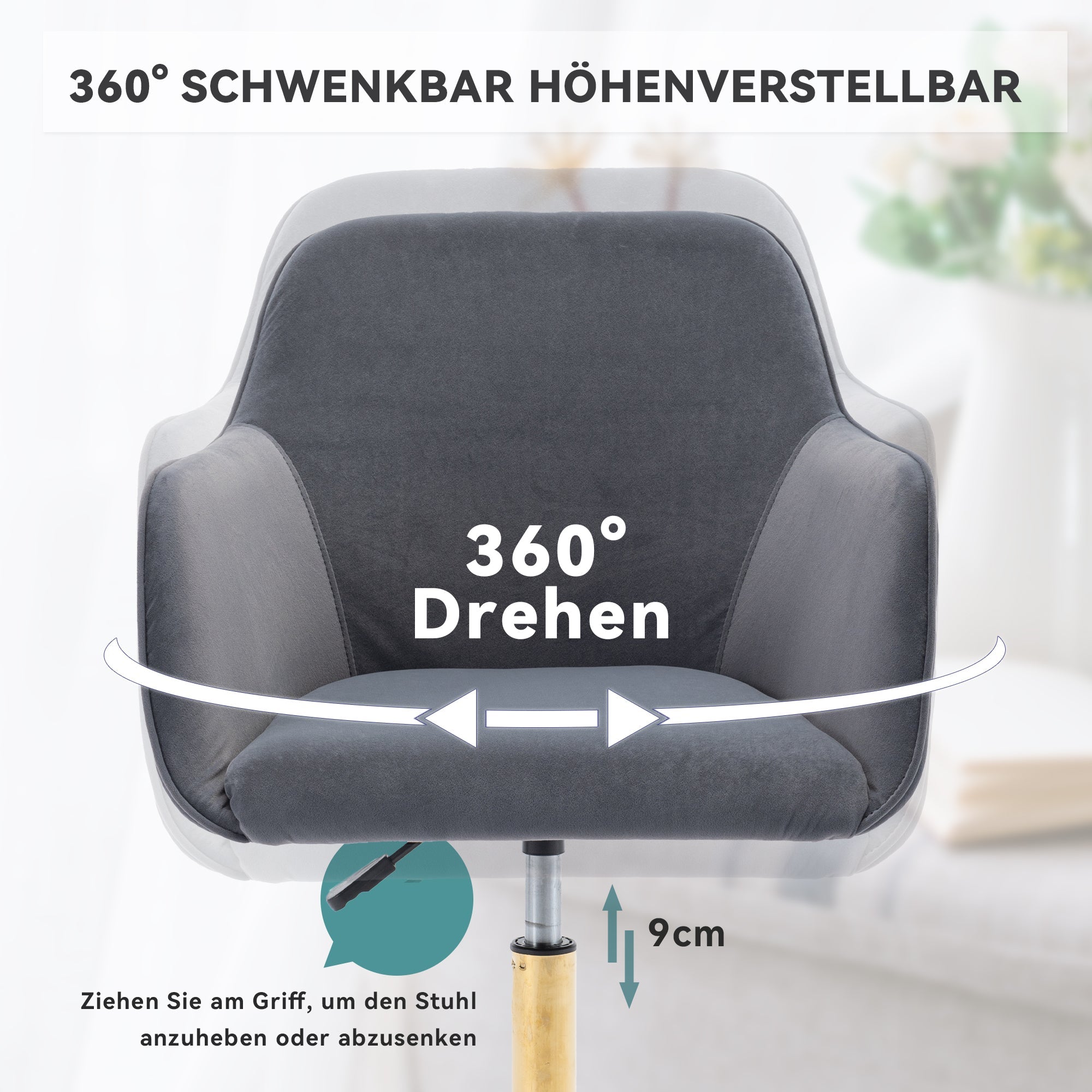 Velvet Swivel Chair, Height-Adjustable for Office Use, Grey with Golden Legs
