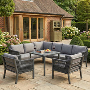 Garden Dining Set, 8-Person Corner Sofa with Table and Armchairs, Grey Hand-Woven Rope and Galvanized Iron