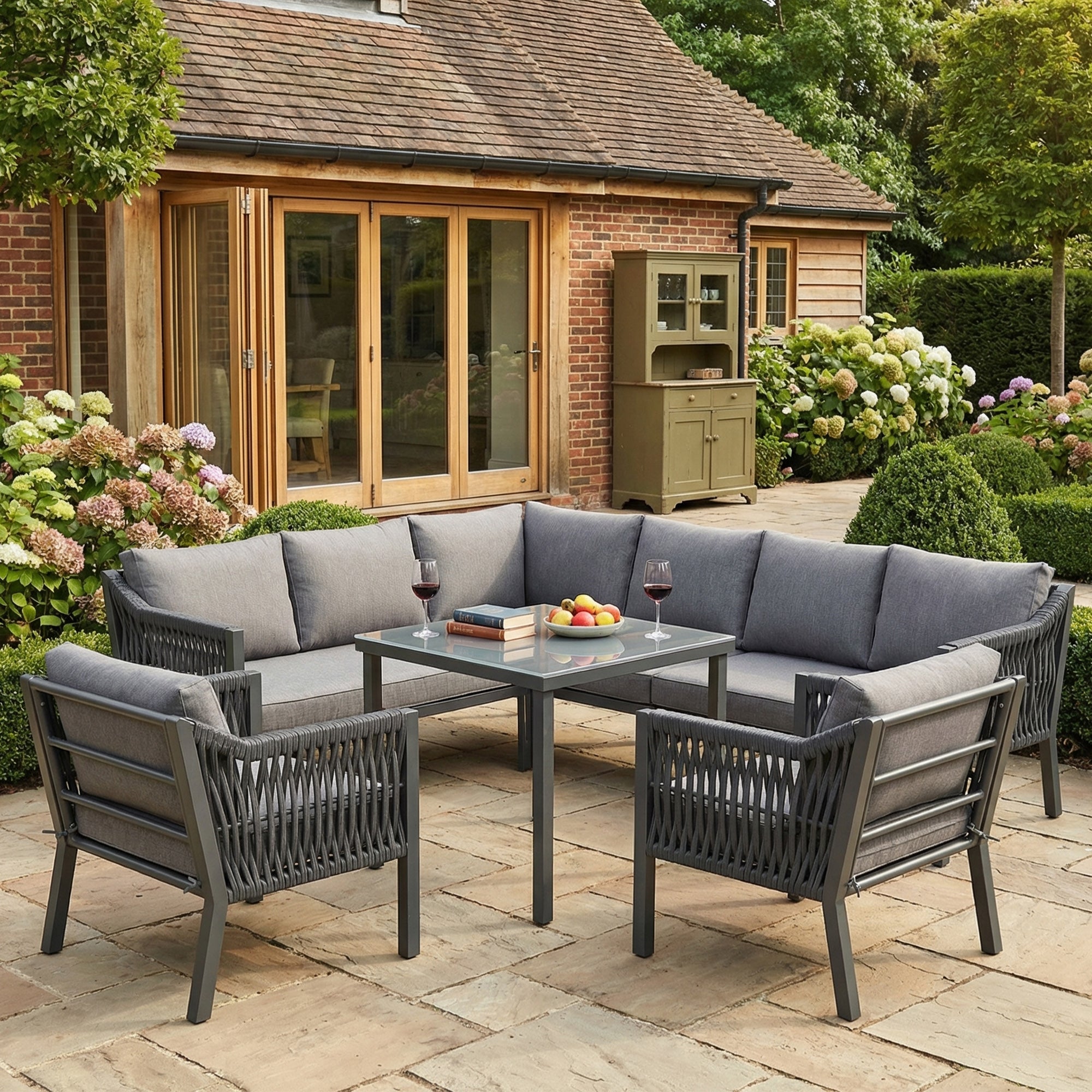 Garden Dining Set, 8-Person Corner Sofa with Table and Armchairs, Grey Hand-Woven Rope and Galvanized Iron